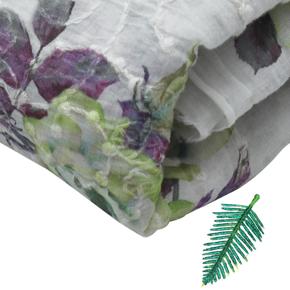 Green-Purple Color Digital Printed Embroidered Pure Chanderi Fabric