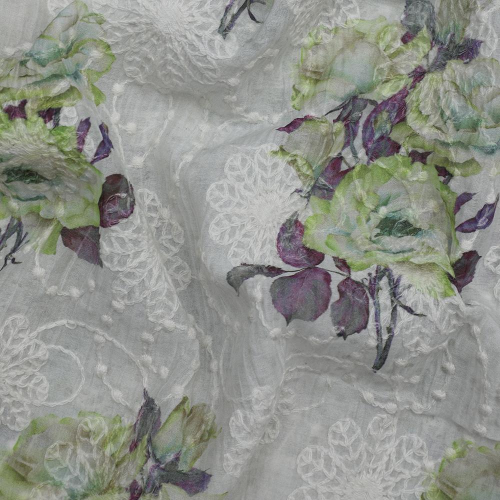 Green-Purple Color Digital Printed Embroidered Pure Chanderi Fabric