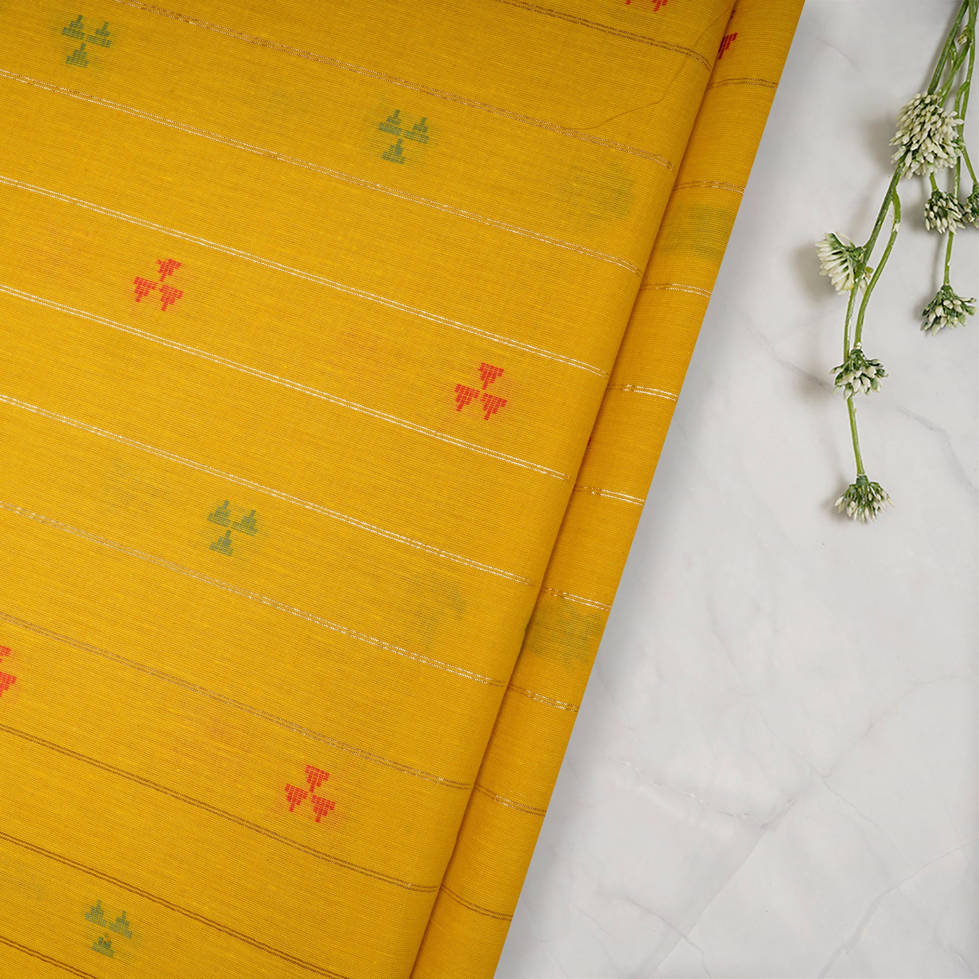 Yellow Geometric Pattern Yarn Dyed Cutwork Fancy South Cotton Fabric