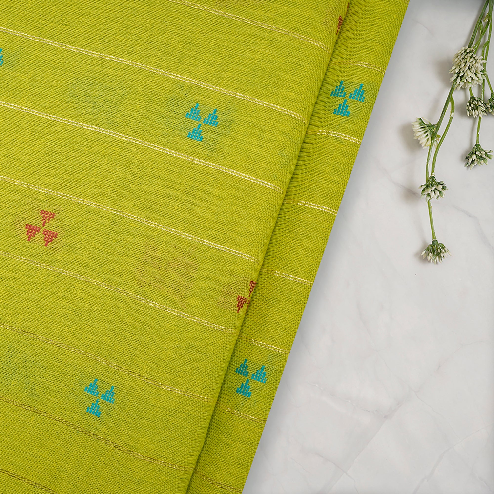 Lime Green Geometric Pattern Yarn Dyed Cutwork Fancy South Cotton Fabric