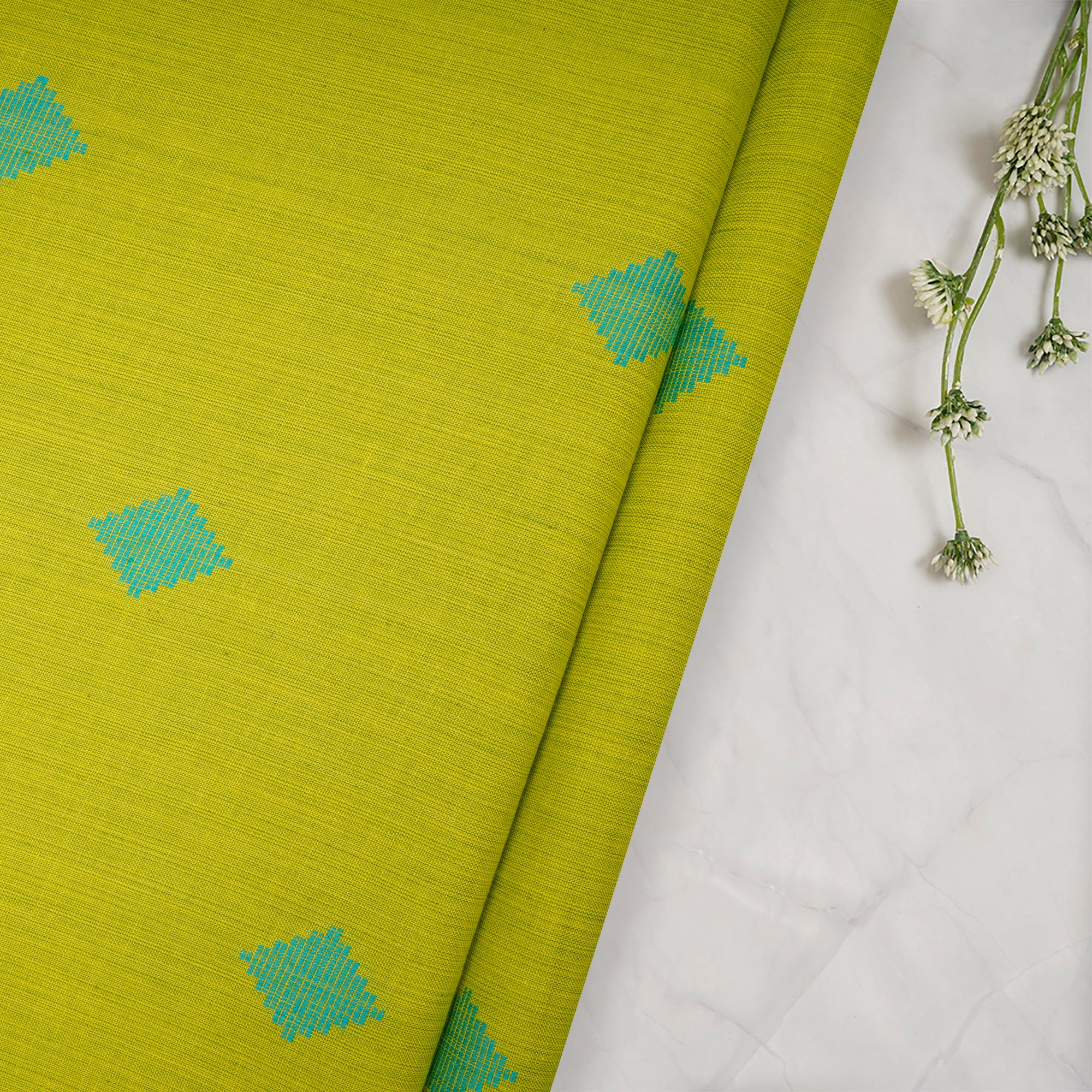 Lime Green Geometric Pattern Yarn Dyed Fancy Cutwork South Cotton Fabric