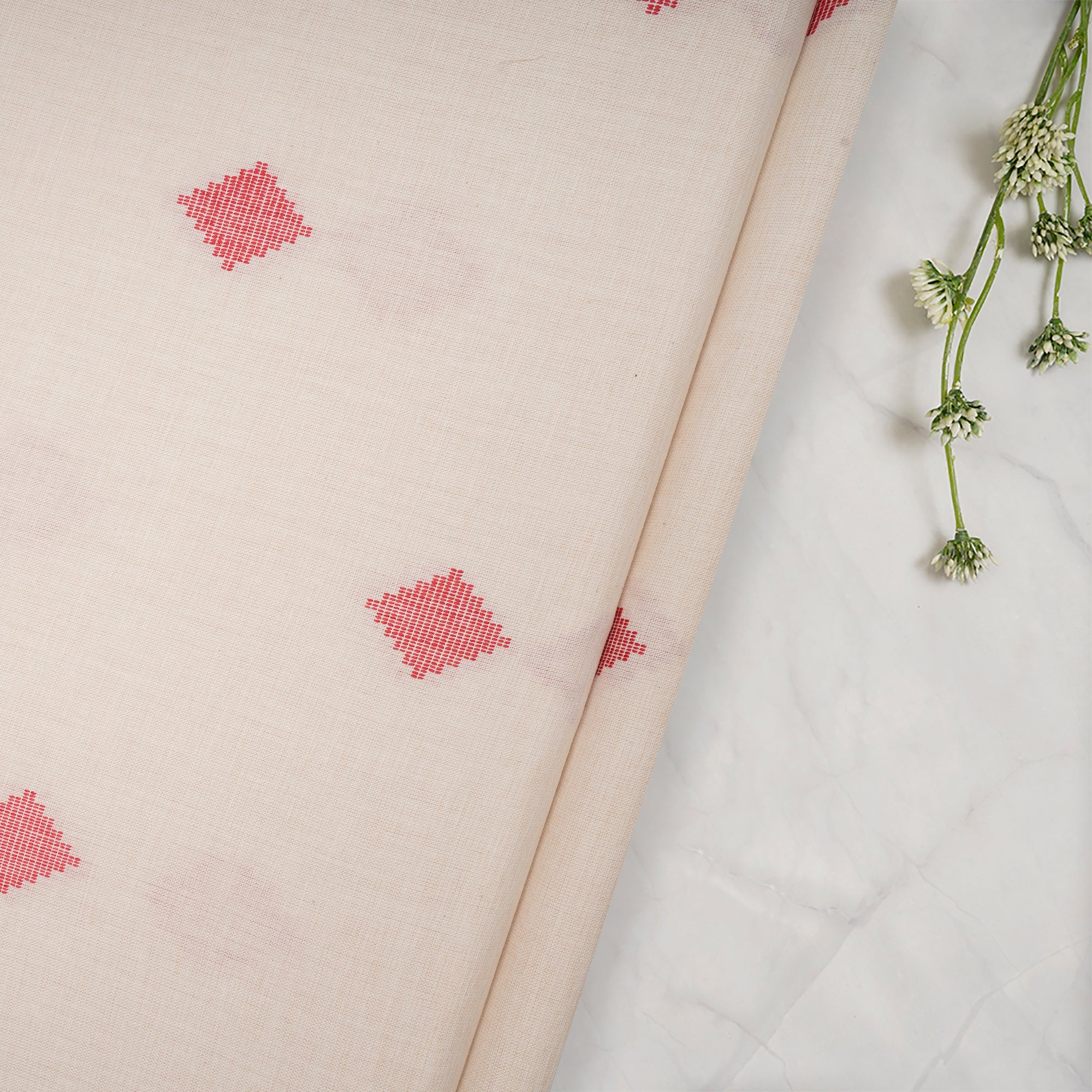 Off White Geometric Pattern Yarn Dyed Fancy Cutwork South Cotton Fabric