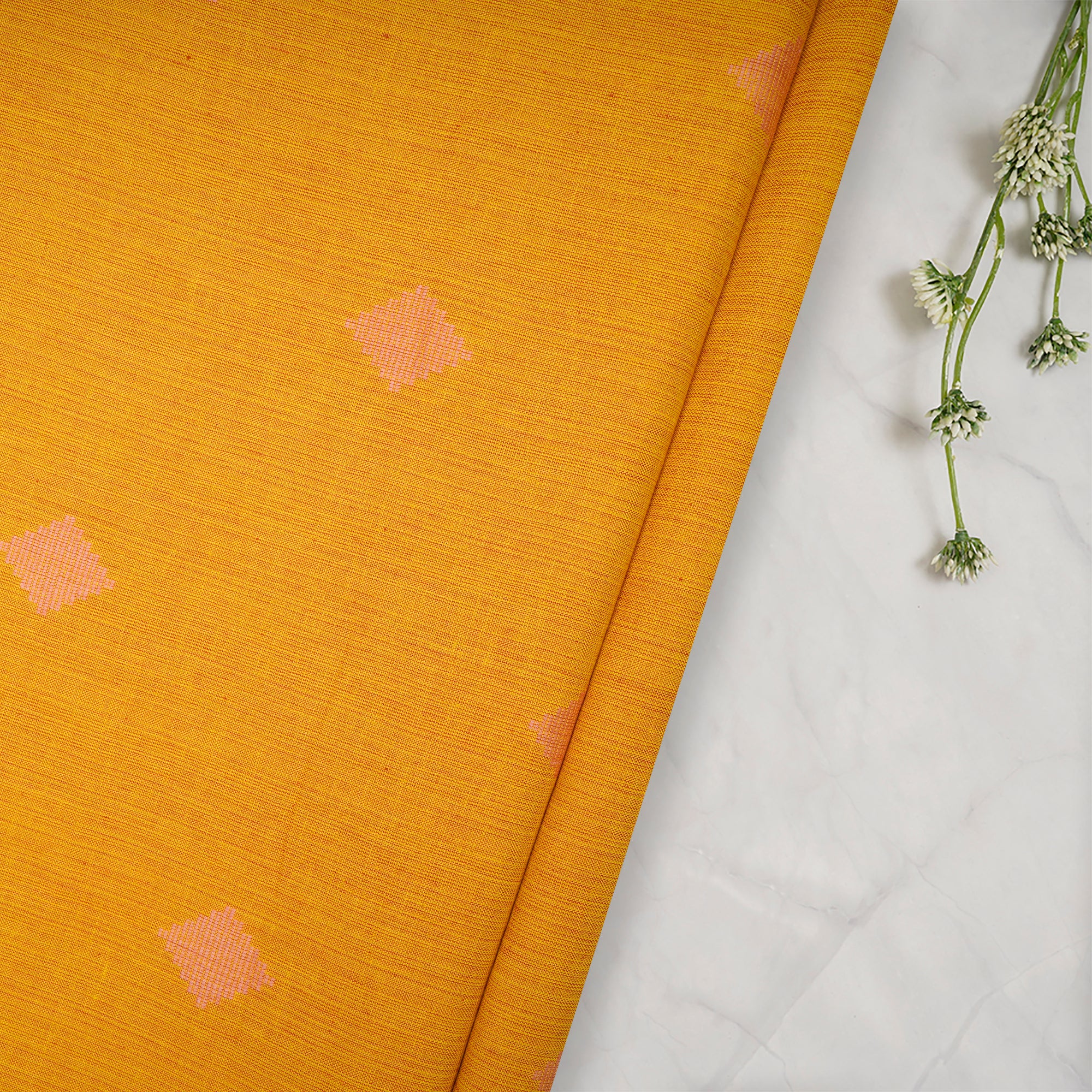 Mustard Geometric Pattern Yarn Dyed Fancy Cutwork South Cotton Fabric