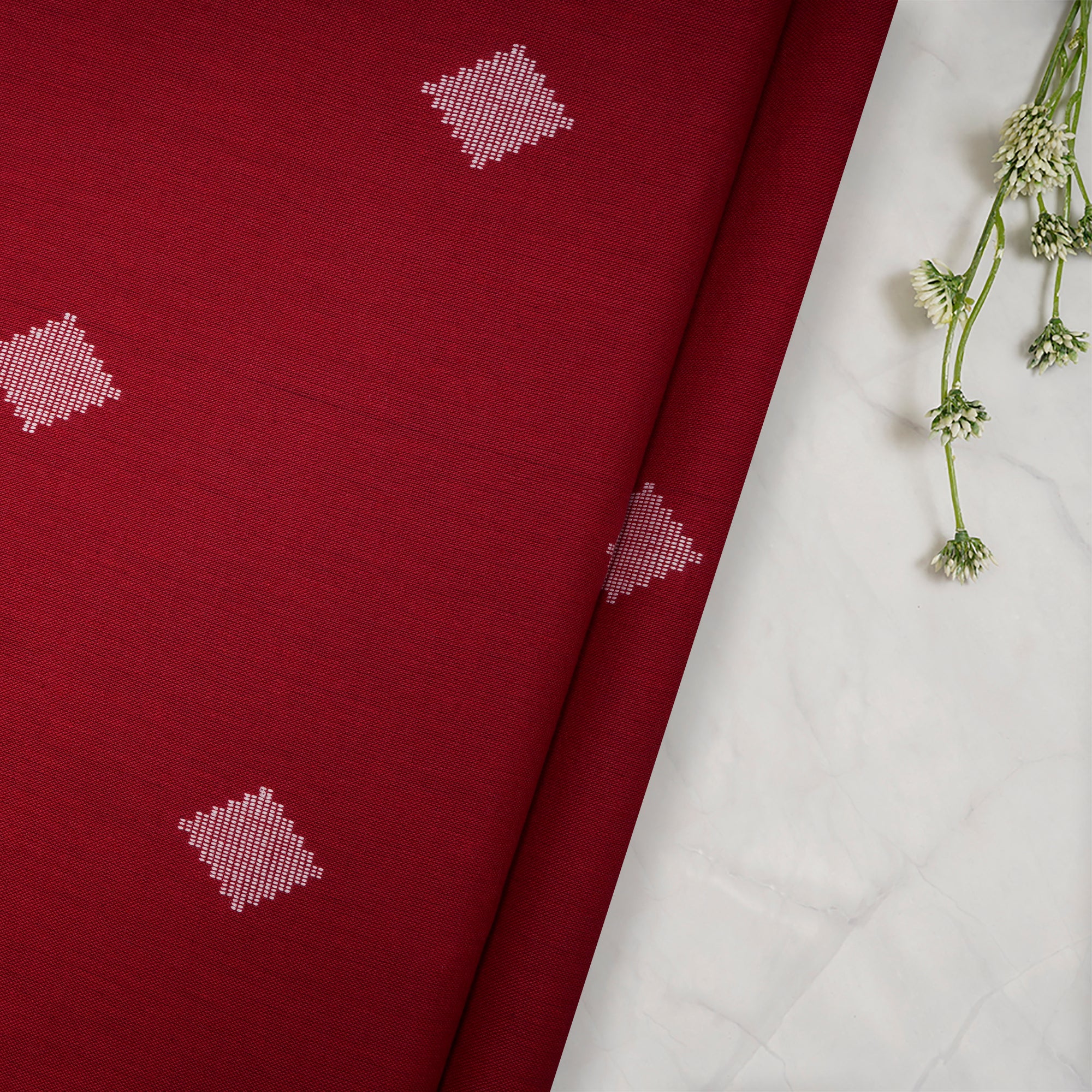 Red Geometric Pattern Yarn Dyed Cutwork Fancy South Cotton Fabric