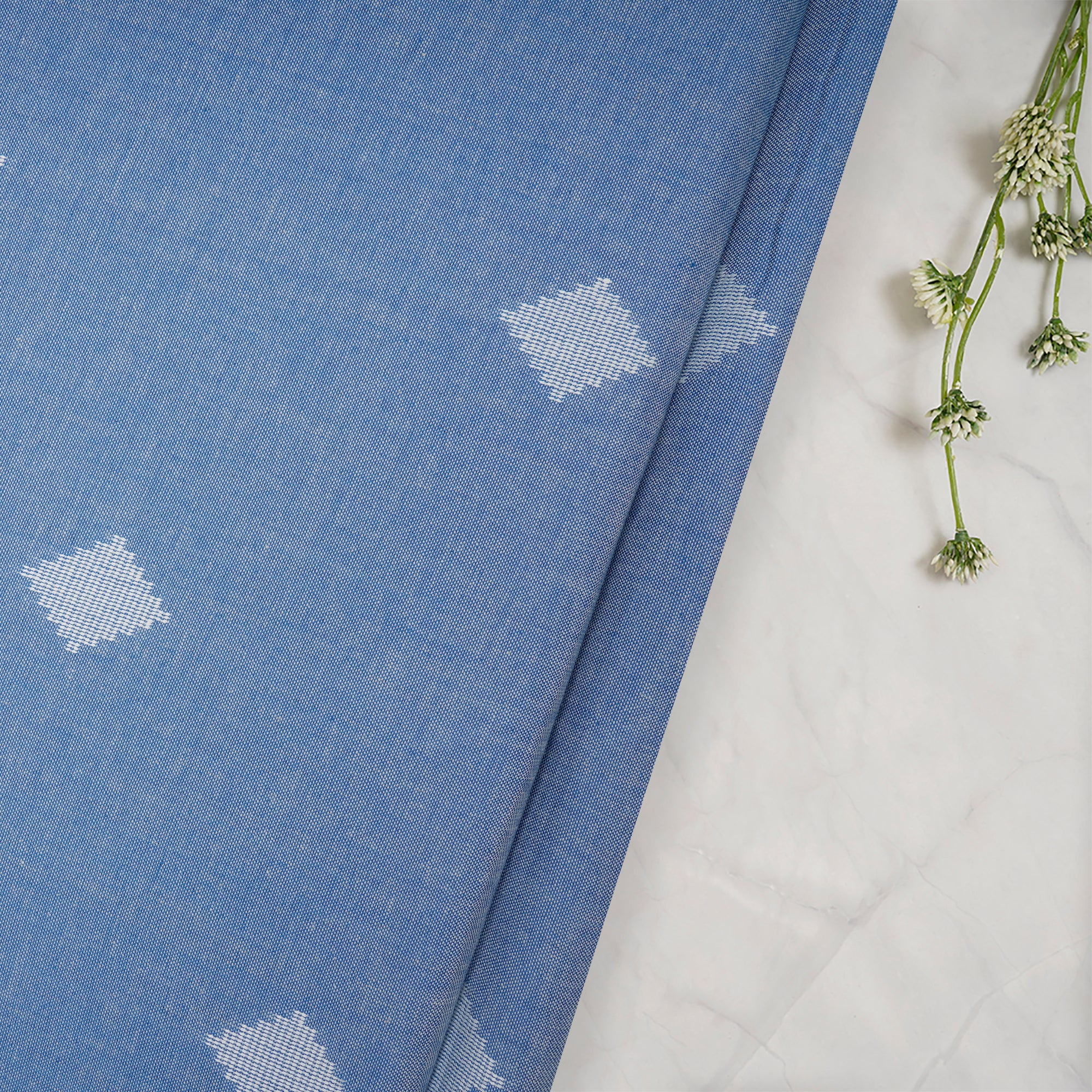 Dusk Blue Geometric Pattern Yarn Dyed Fancy Cutwork South Cotton Fabric