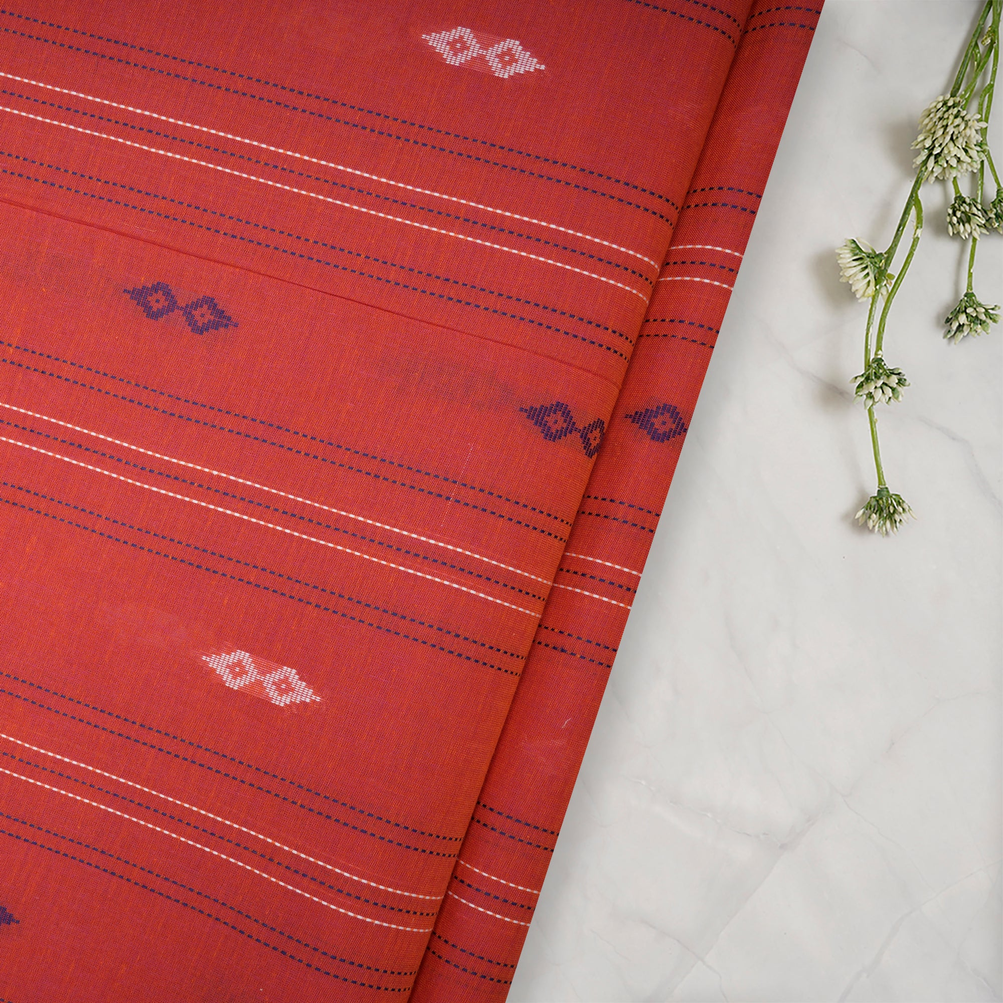 Hot Coral Stripes Pattern Yarn Dyed Cutwork Fancy South Cotton Fabric