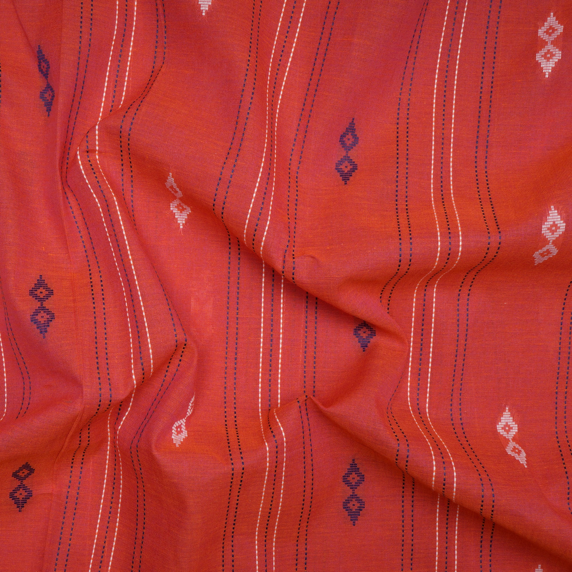 Hot Coral Stripes Pattern Yarn Dyed Cutwork Fancy South Cotton Fabric