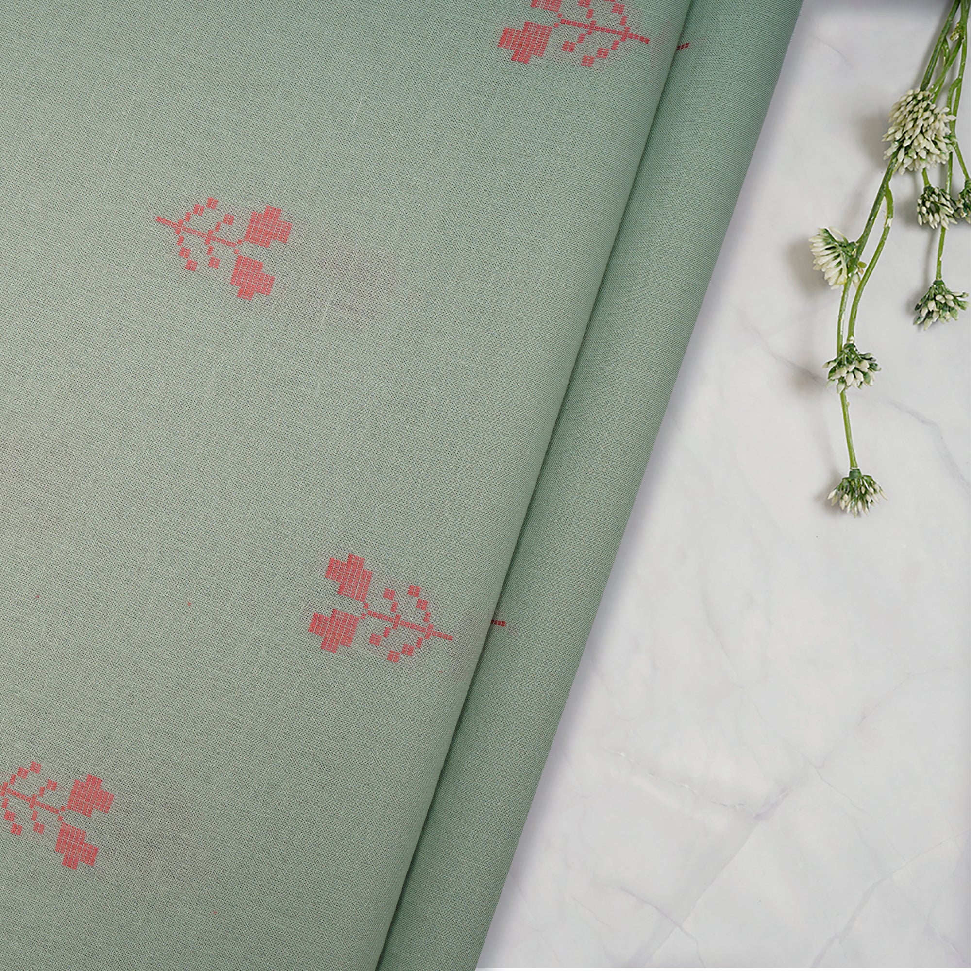 Light Mint Floral Pattern Yarn Dyed Fancy Cutwork South Cotton Fabric