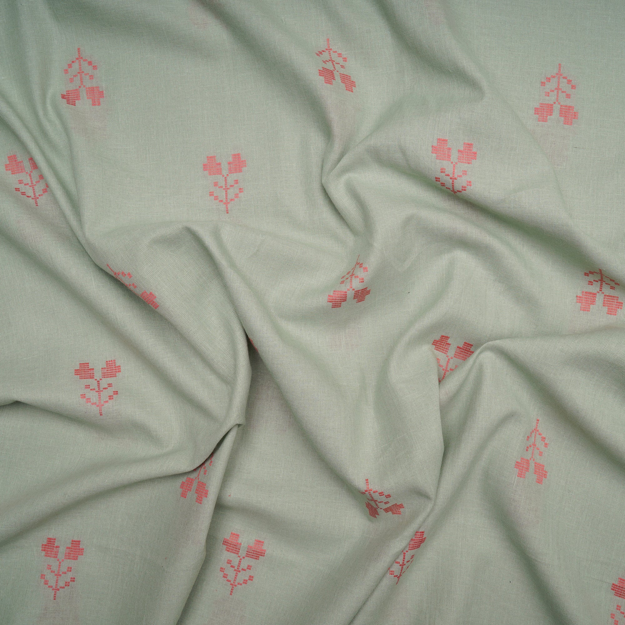 Light Mint Floral Pattern Yarn Dyed Fancy Cutwork South Cotton Fabric
