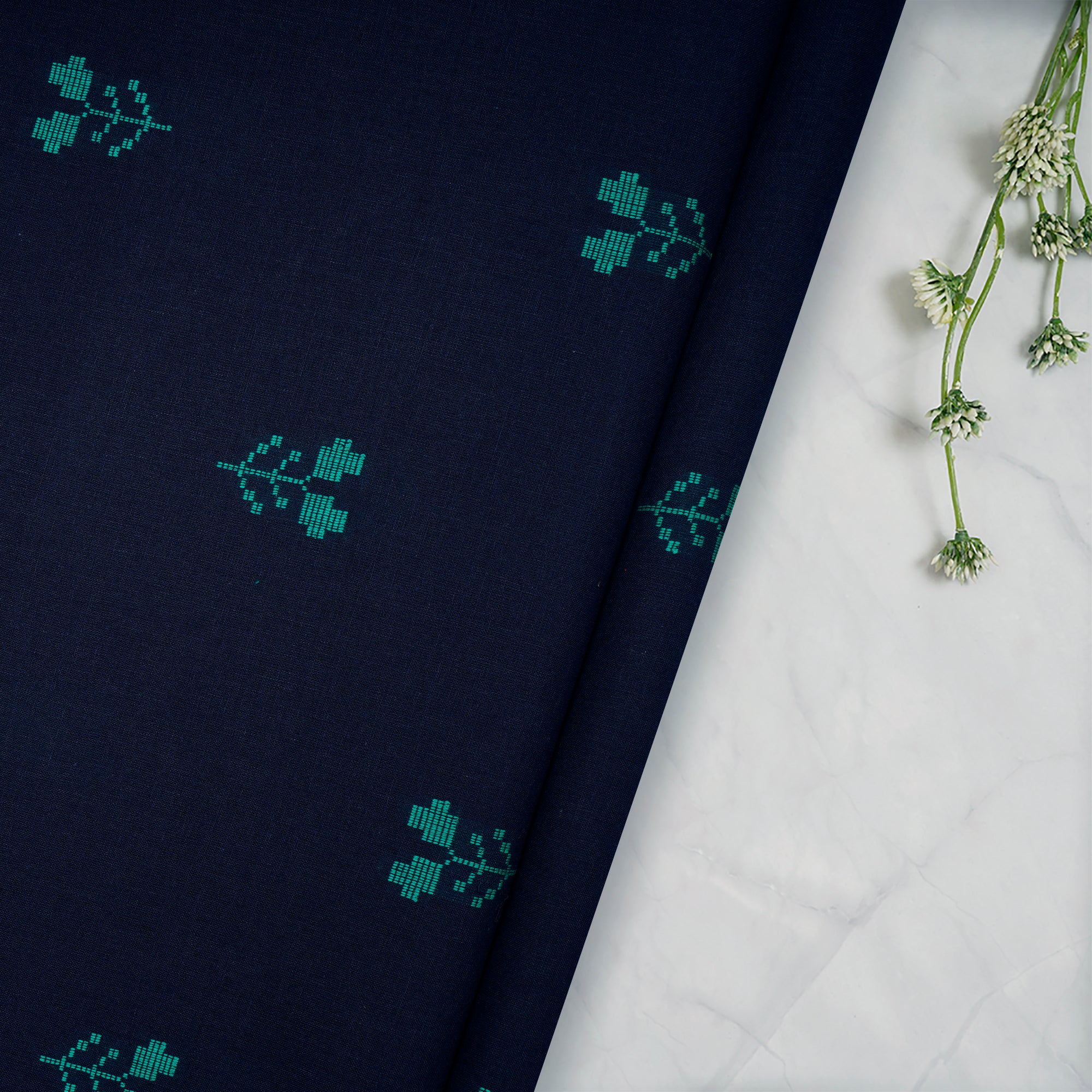 Pageant Blue Floral Pattern Yarn Dyed Cutwork Fancy South Cotton Fabric
