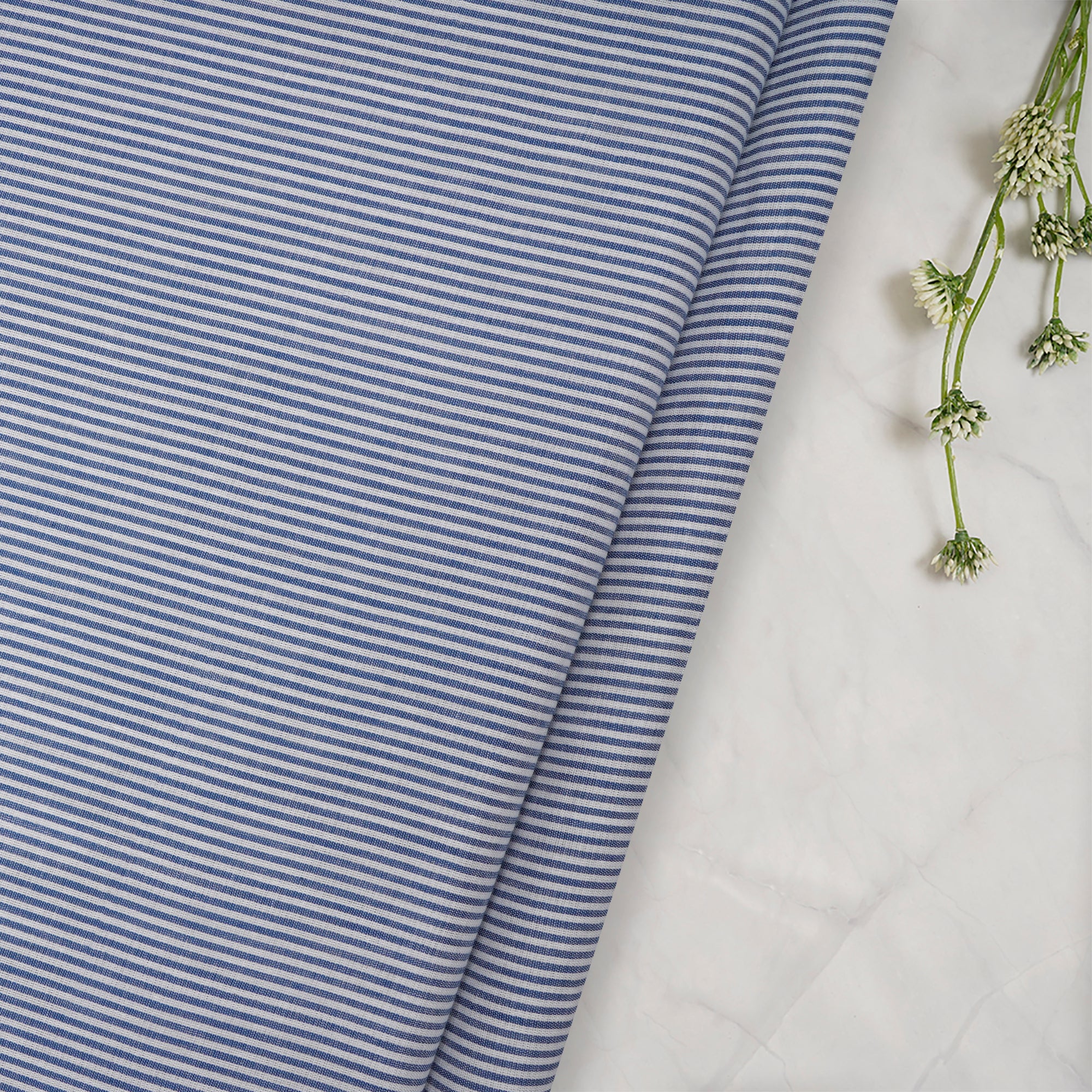 White-Blue Stripe Pattern Loom Textured South Cotton Double Cloth Fabric