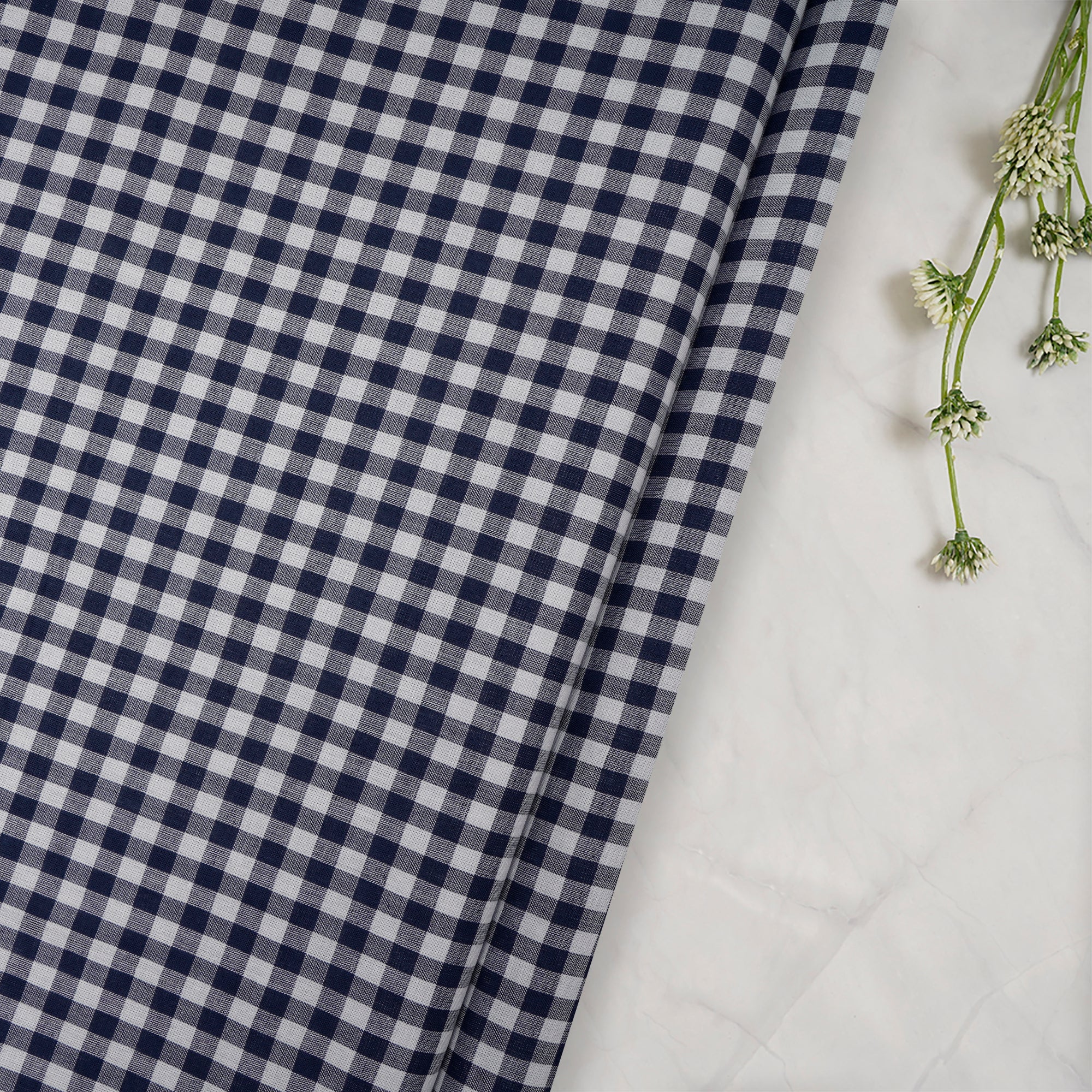 Dark Navy Blue Check Pattern Loom Textured South Cotton Double Cloth Fabric