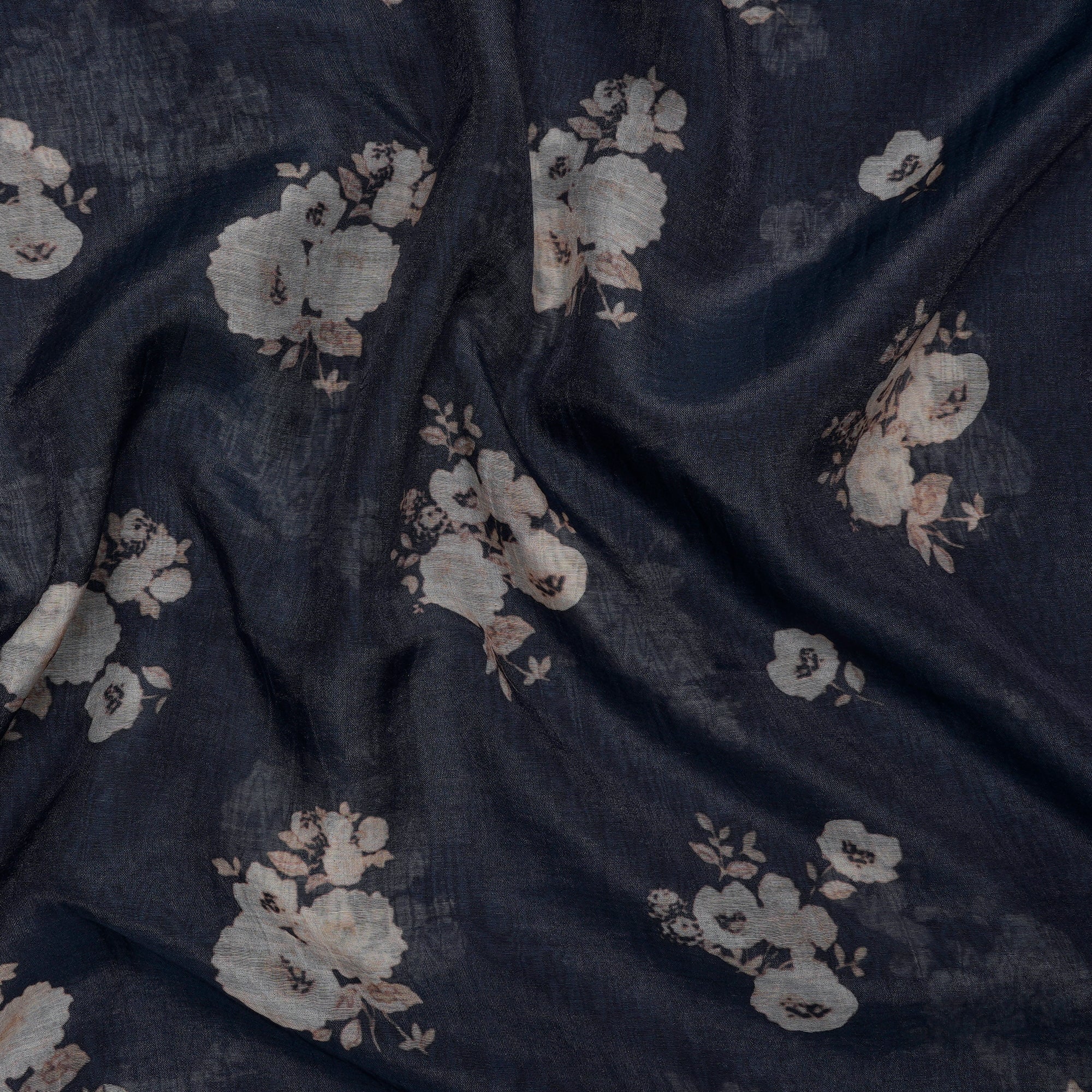 Navy Blue Floral Pattern Digital Printed Pure Fine Chanderi Fabric