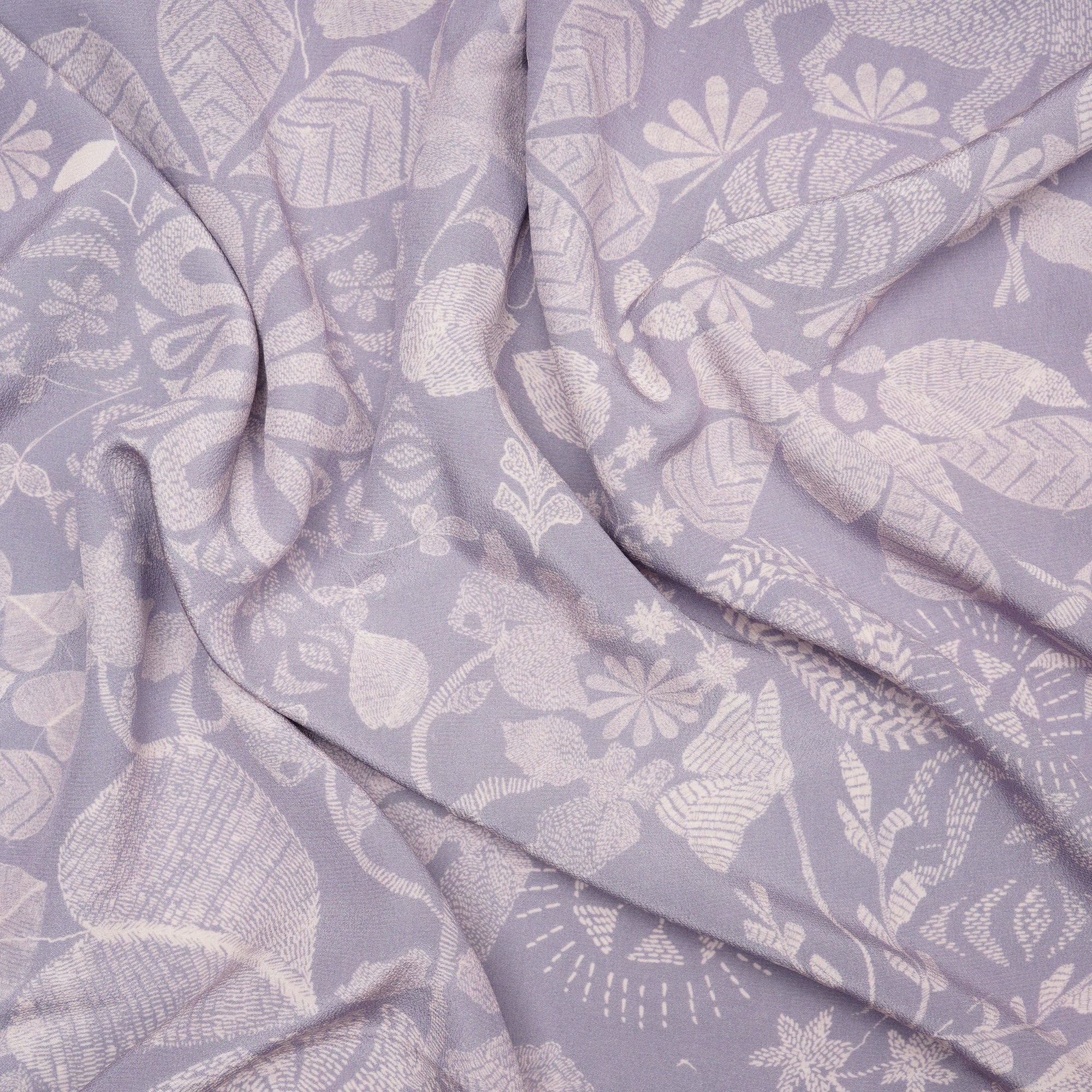 Grey Floral Pattern Digital Printed Crepe Silk Fabric