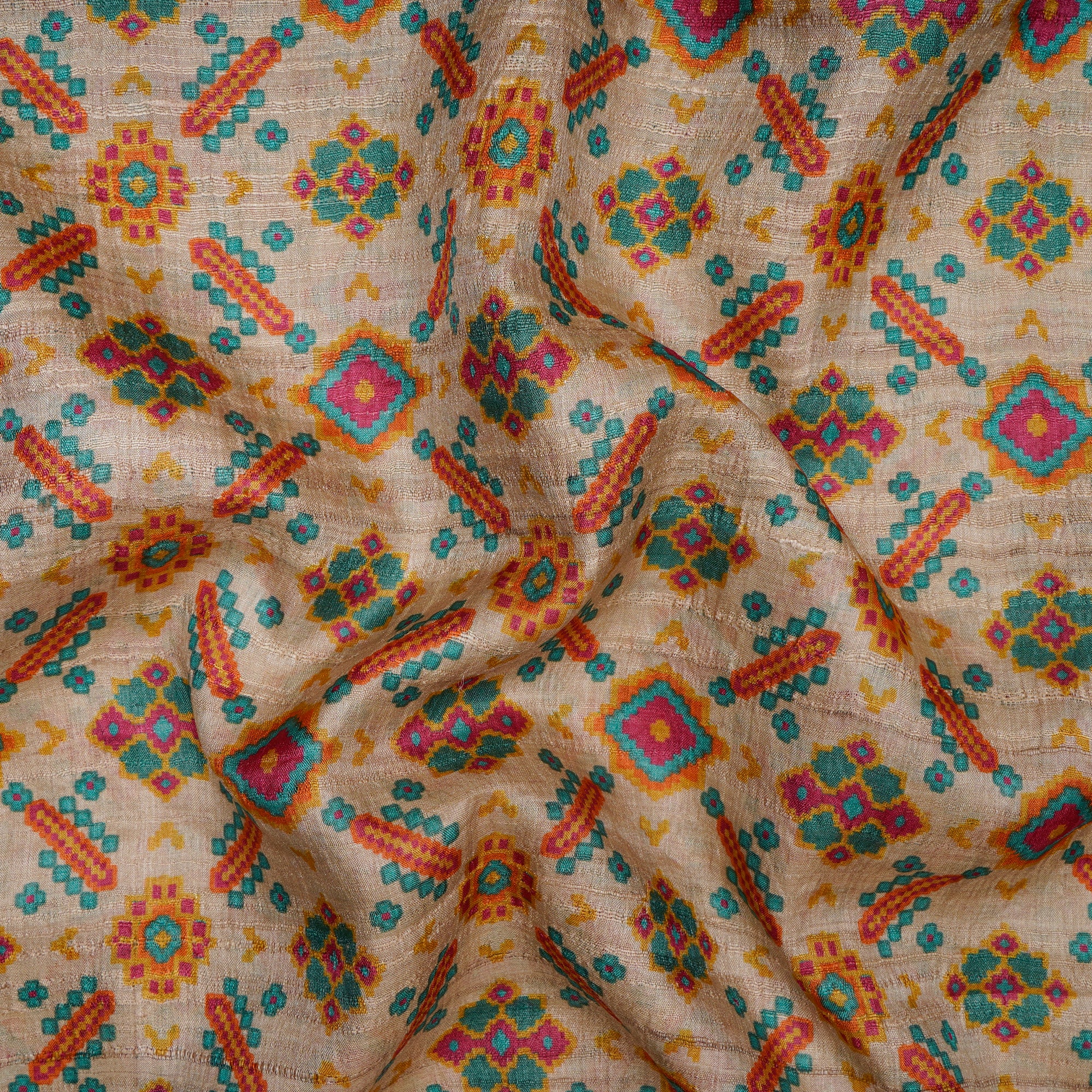 Beige Patola Pattern Digital Printed Tuusar Silk Fabric