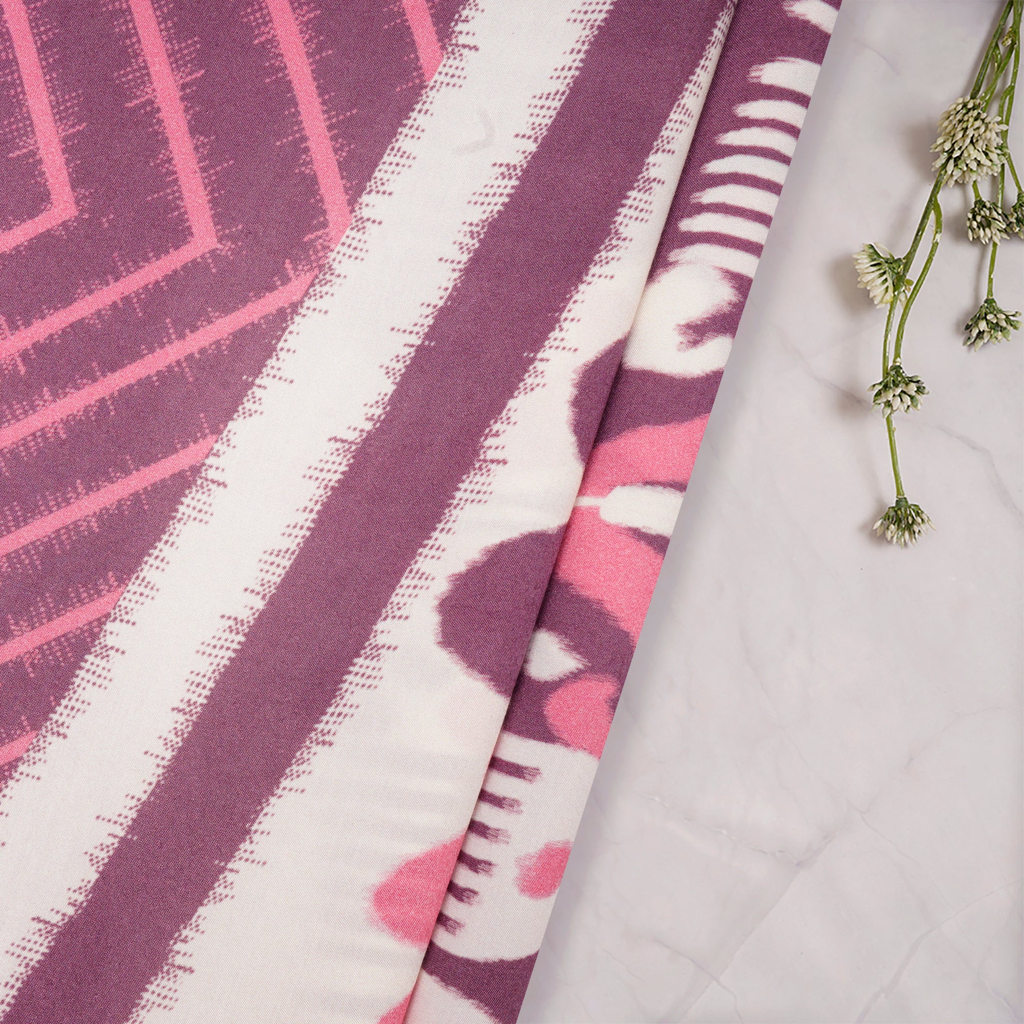 Off White-Purple Ikat Pattern Digital Pattern Bemberg Muslin Fabric