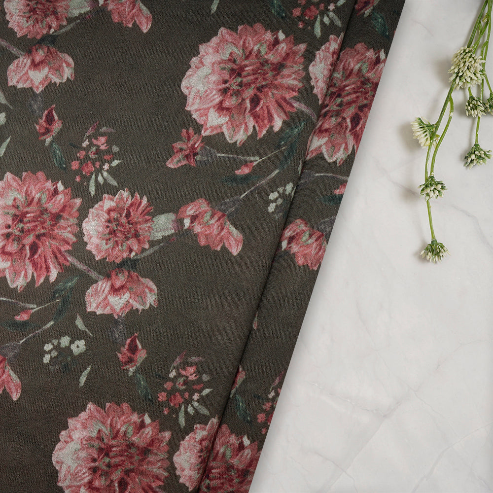 Olive Color Digital Printed Pure Chanderi Fabric