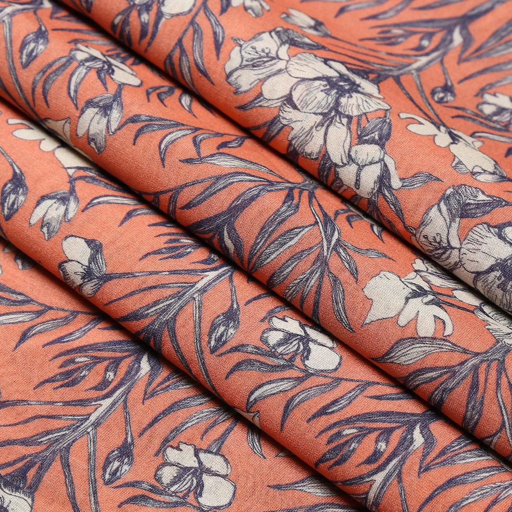 Coral Color Digital Printed Pure Chanderi Fabric