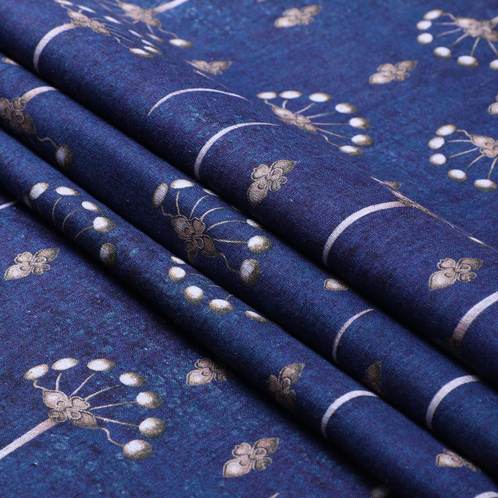 Dark Blue Color Digital Printed Linen Excel Fabric