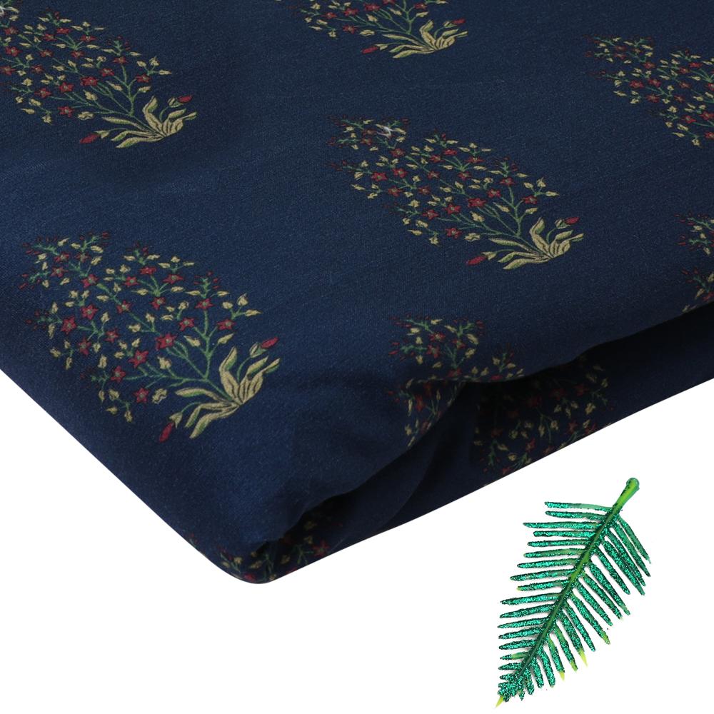 Dark Blue Color Digital Printed Muga Georgette Silk Fabric
