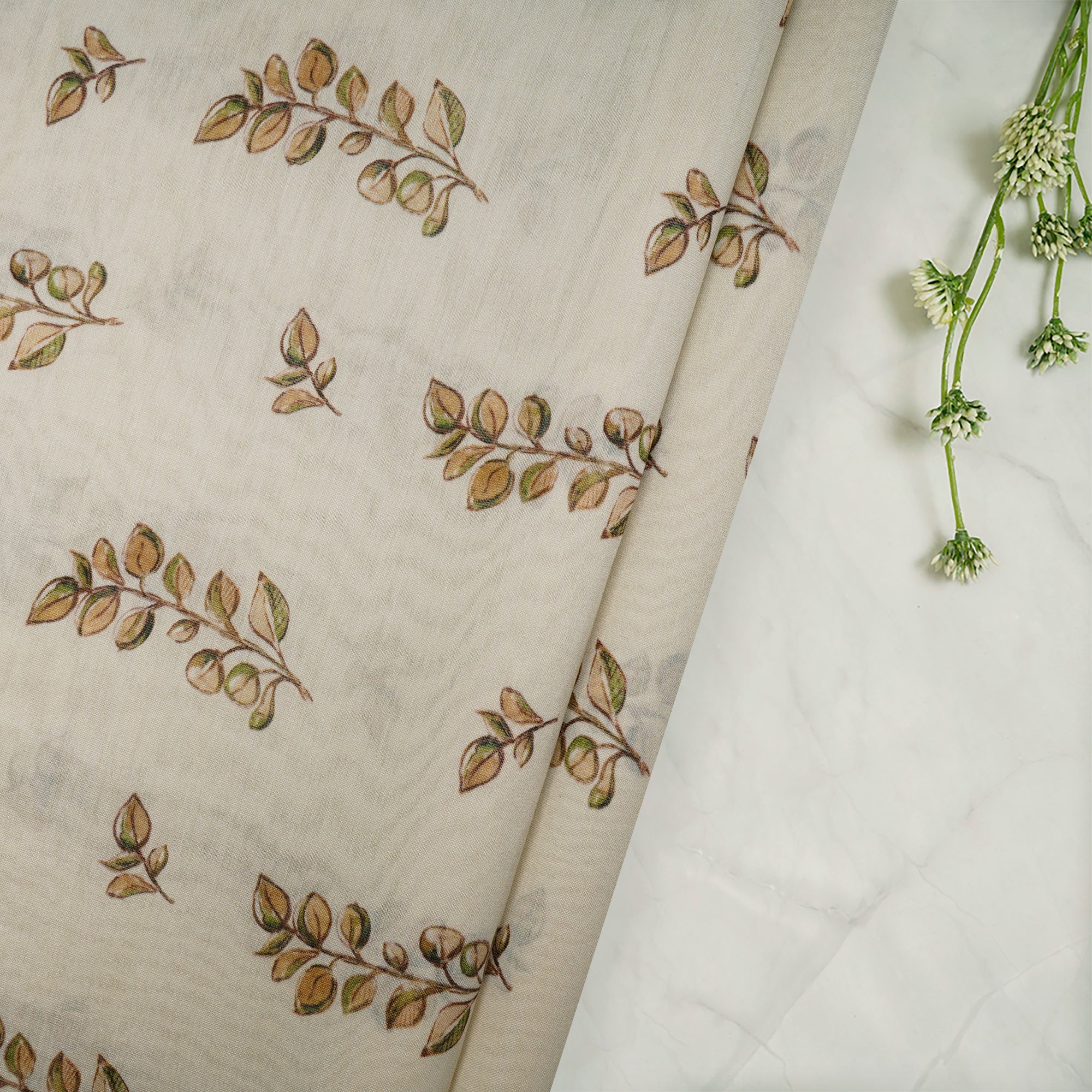 Off White Floral Pattern Digital Print Pure Chanderi Fabric