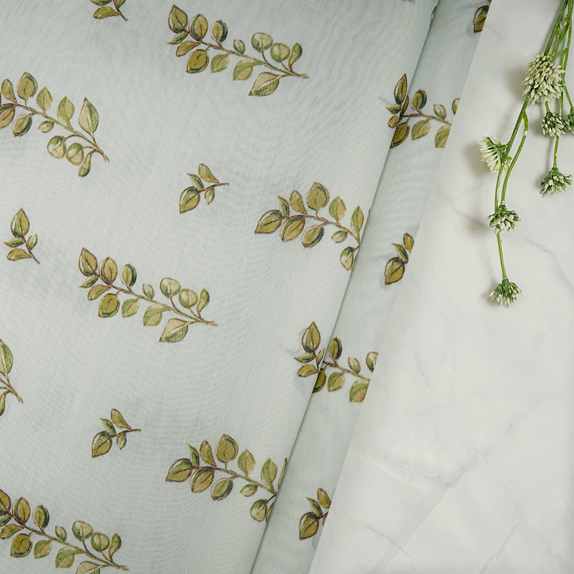 Hint Of Mint Floral Pattern Digital Print Pure Chanderi Fabric