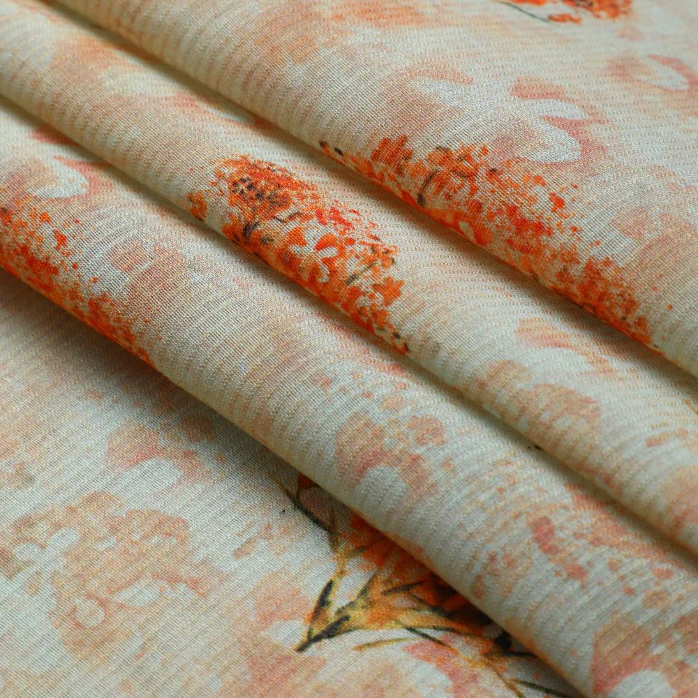 Cream-Orange Color Digital Printed Fancy Chanderi Fabric