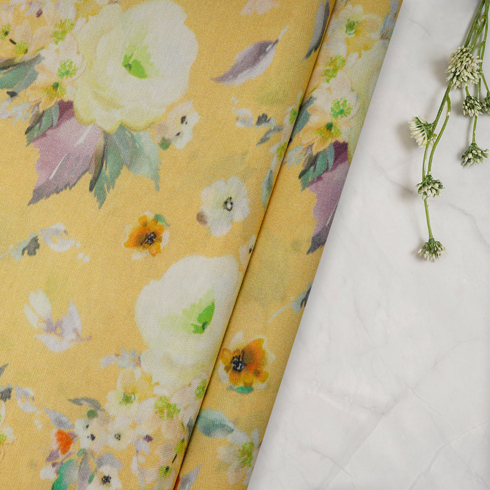 Yellow Color Floral Pattern Digital Printed Bemberg Modal Fabric