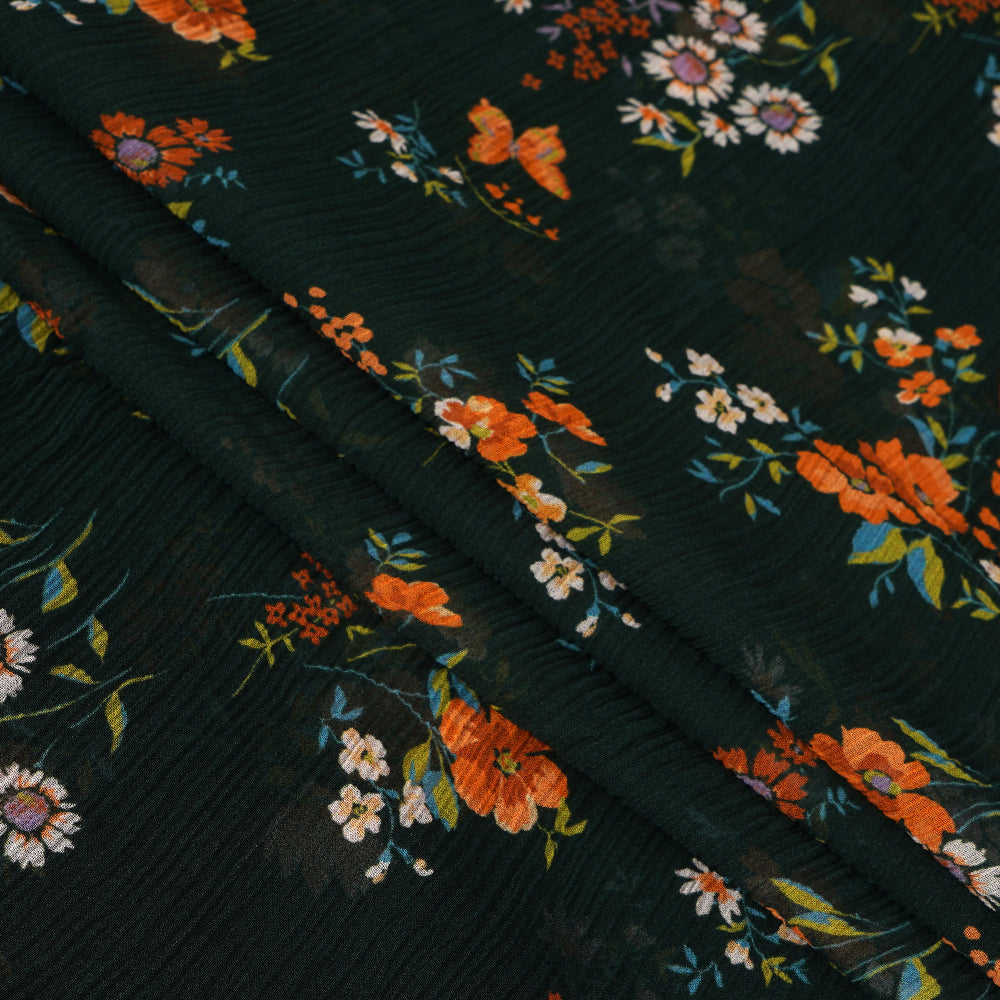 Dark Green Color Digital Printed Bemberg Chiffon Fabric