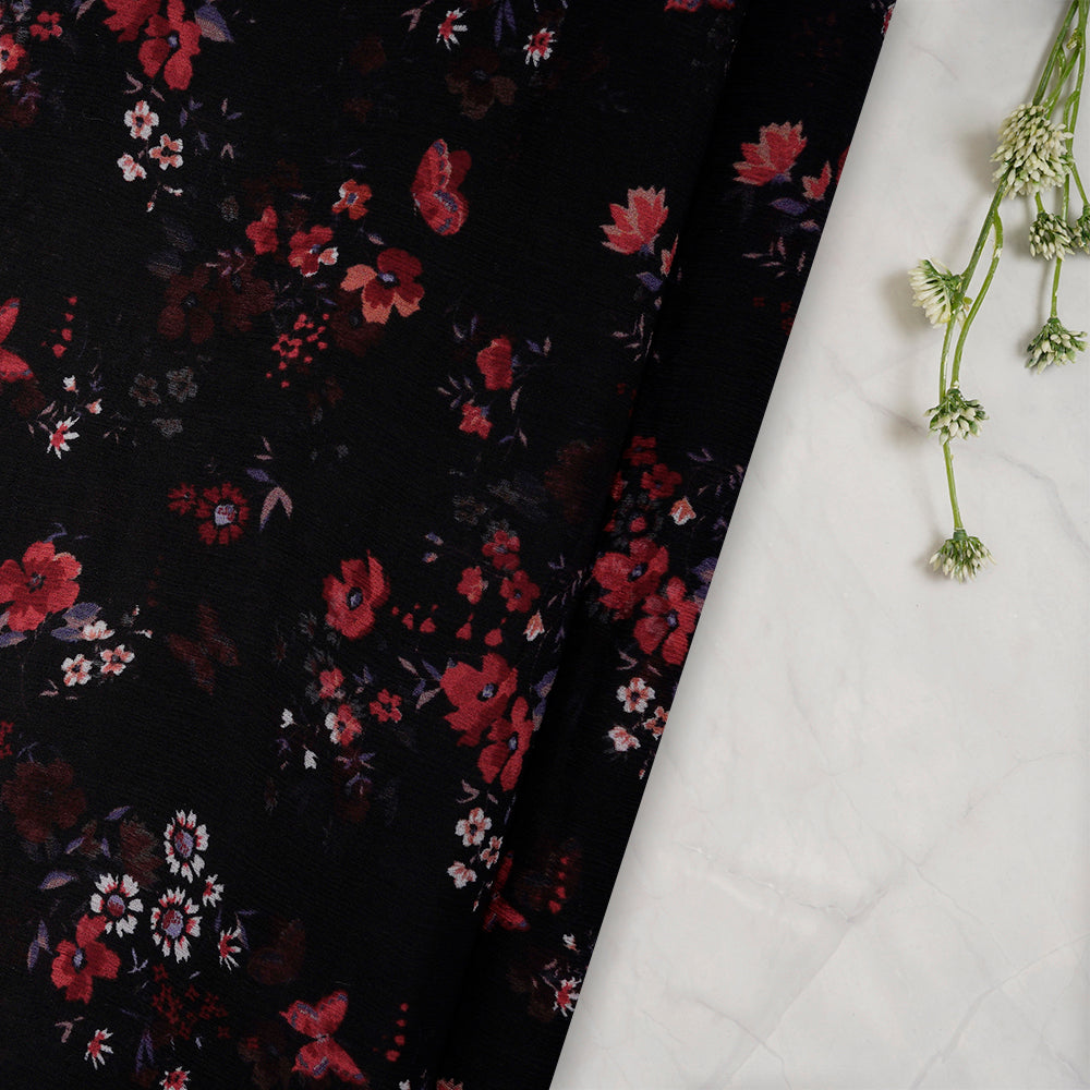 Black Color Digital Printed Chiffon Silk Fabric