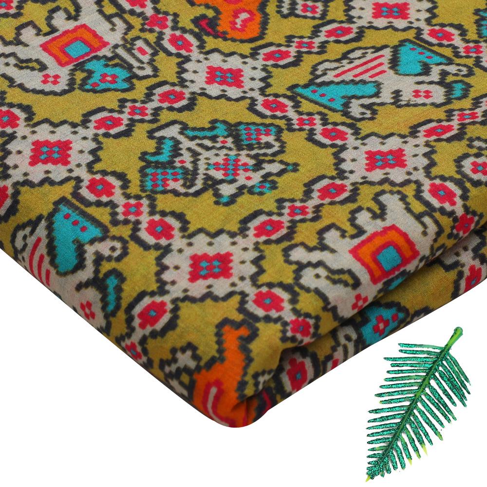 Yellow-Black Color Digital Printed Muga Silk Fabric