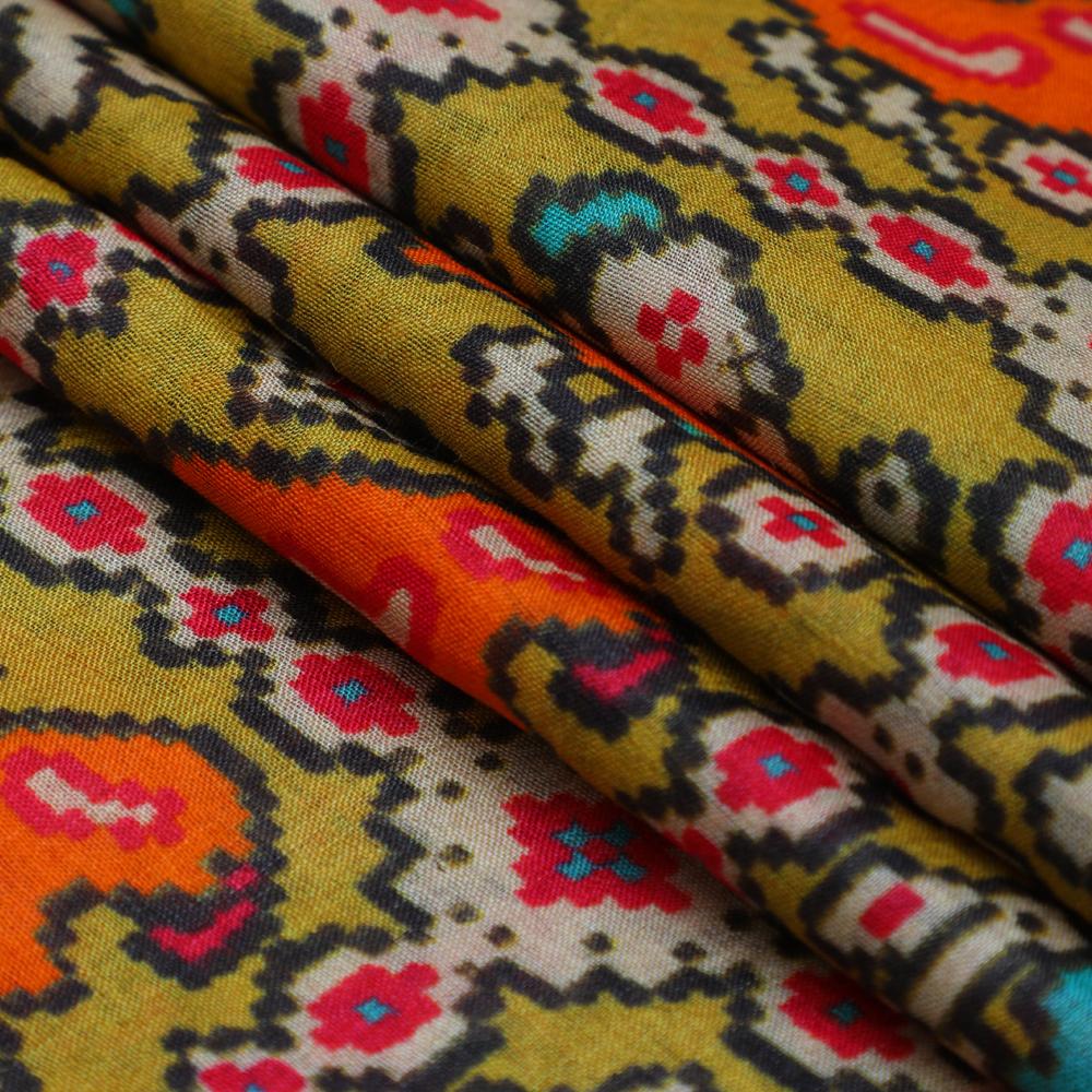 Yellow-Black Color Digital Printed Muga Silk Fabric