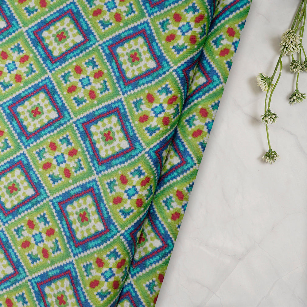 Light Green-Blue Color Digital Printed Patola Pattern Bemberg Modal Satin Fabric