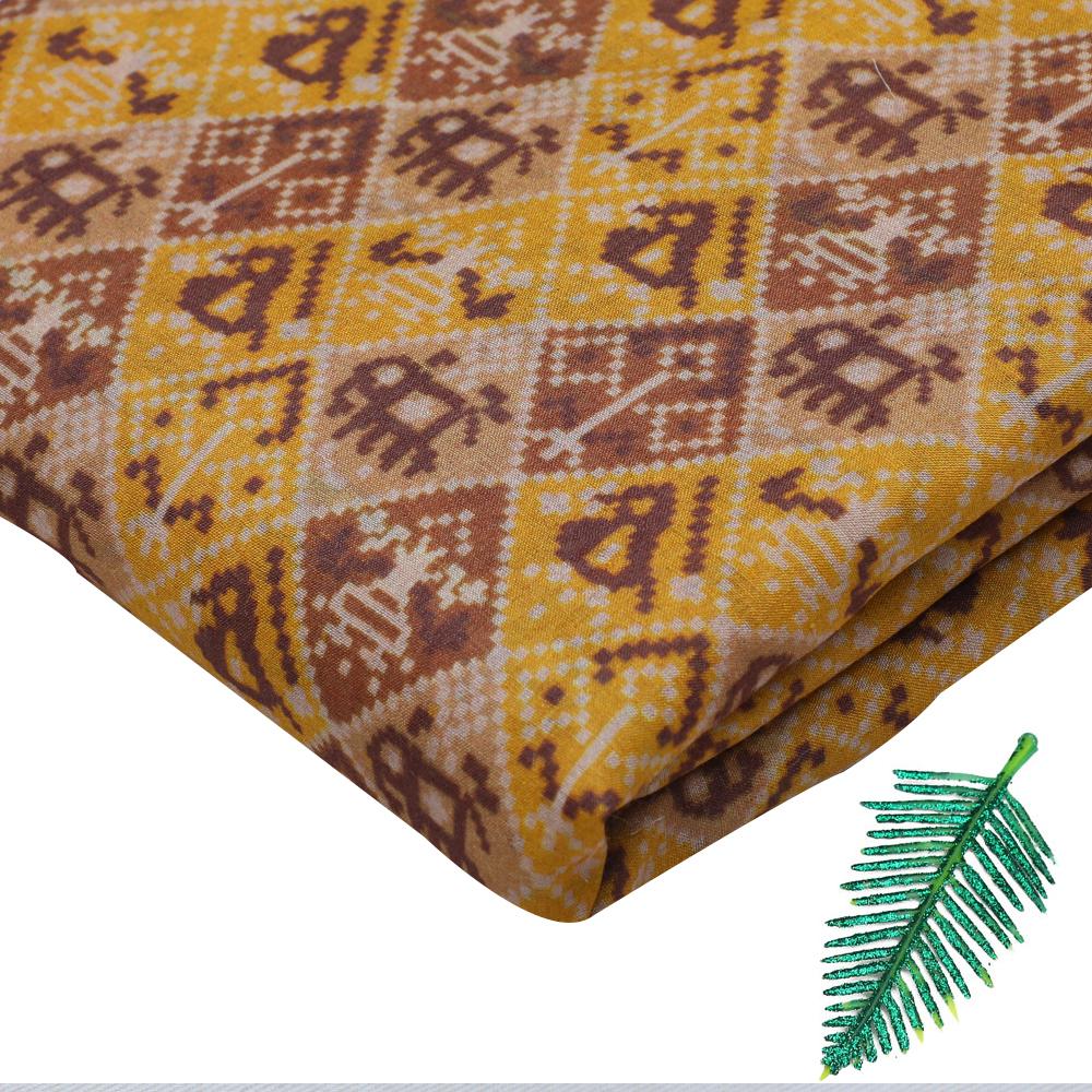 Yellow-Brown Color Digital Printed Muga Silk Fabric