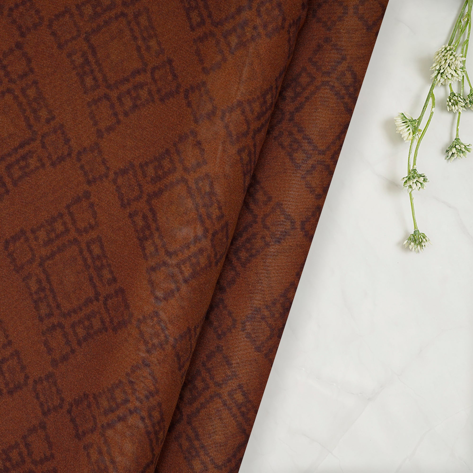 Mocha Bisque Geometric Pattern Digital Printed Viscose Organza Fabric