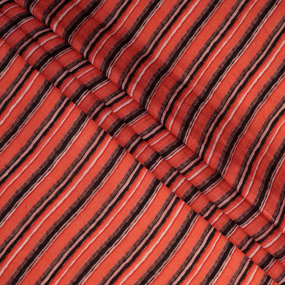 Salmon-Black Color Digital Printed Striped Pattern Premium Linen Fabric