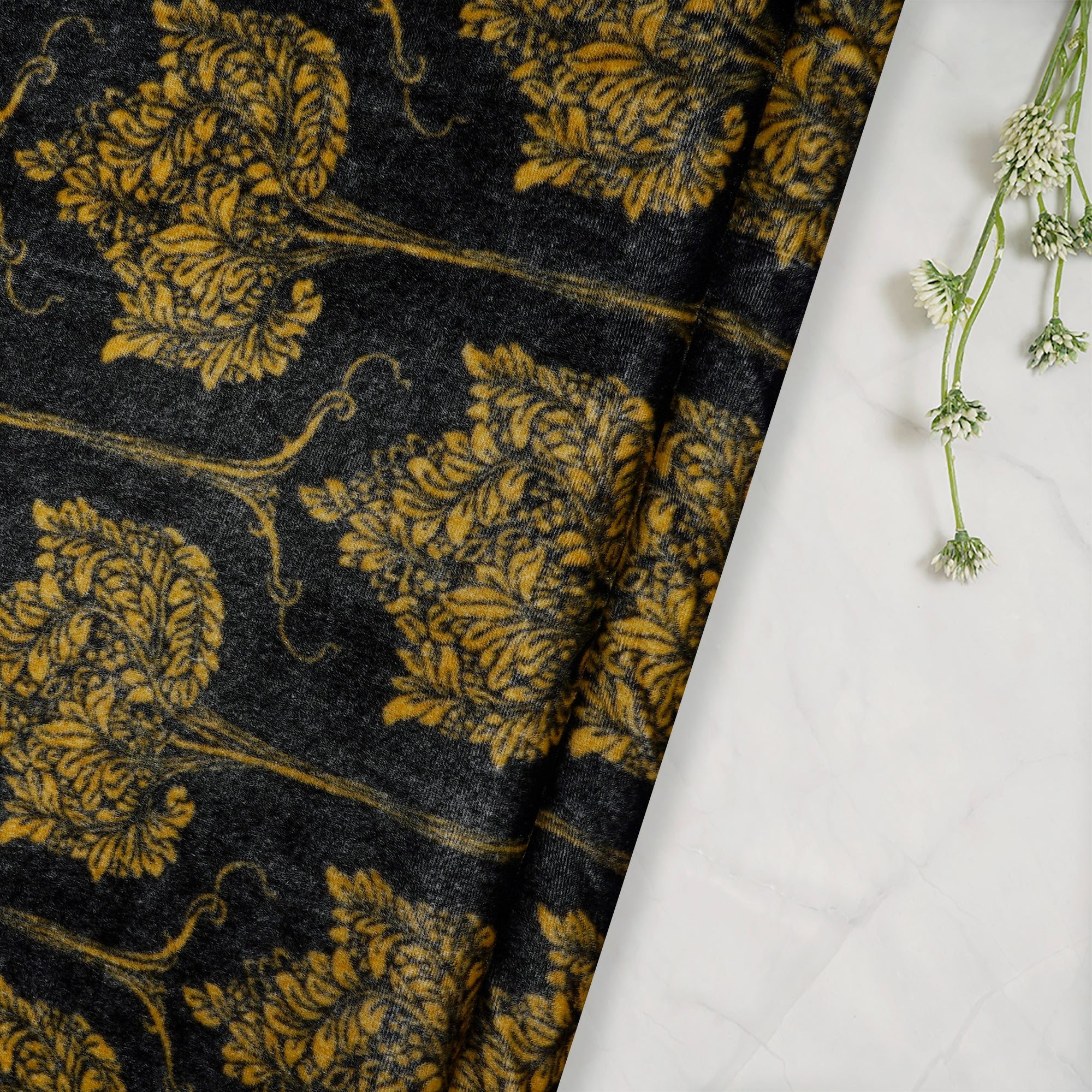 Black-Yellow Floral Pattern Digital Printed Silk Velvet Fabric