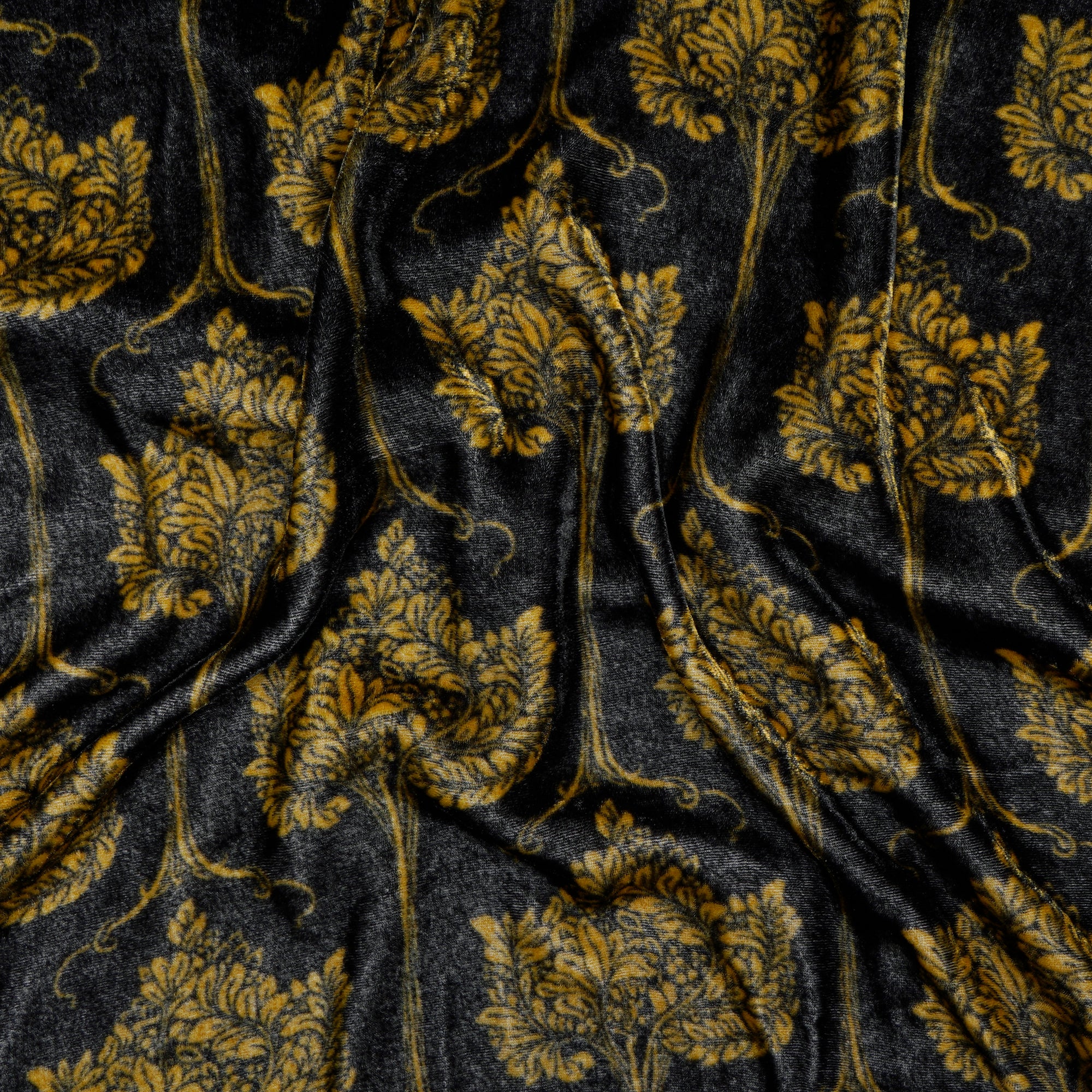 Black-Yellow Floral Pattern Digital Printed Silk Velvet Fabric