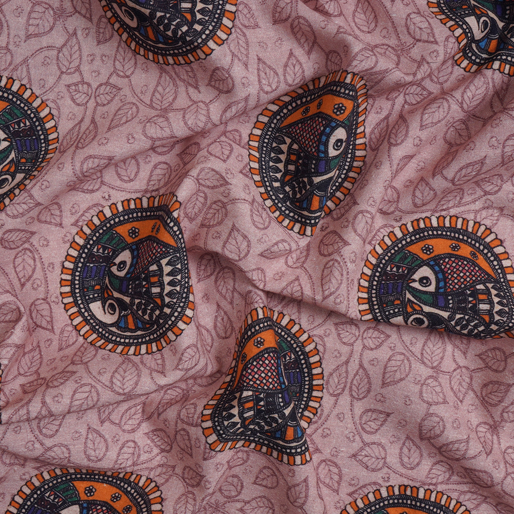 Light Pink Color Digital Printed Madhubani Pattern Muslin Cotton Fabric