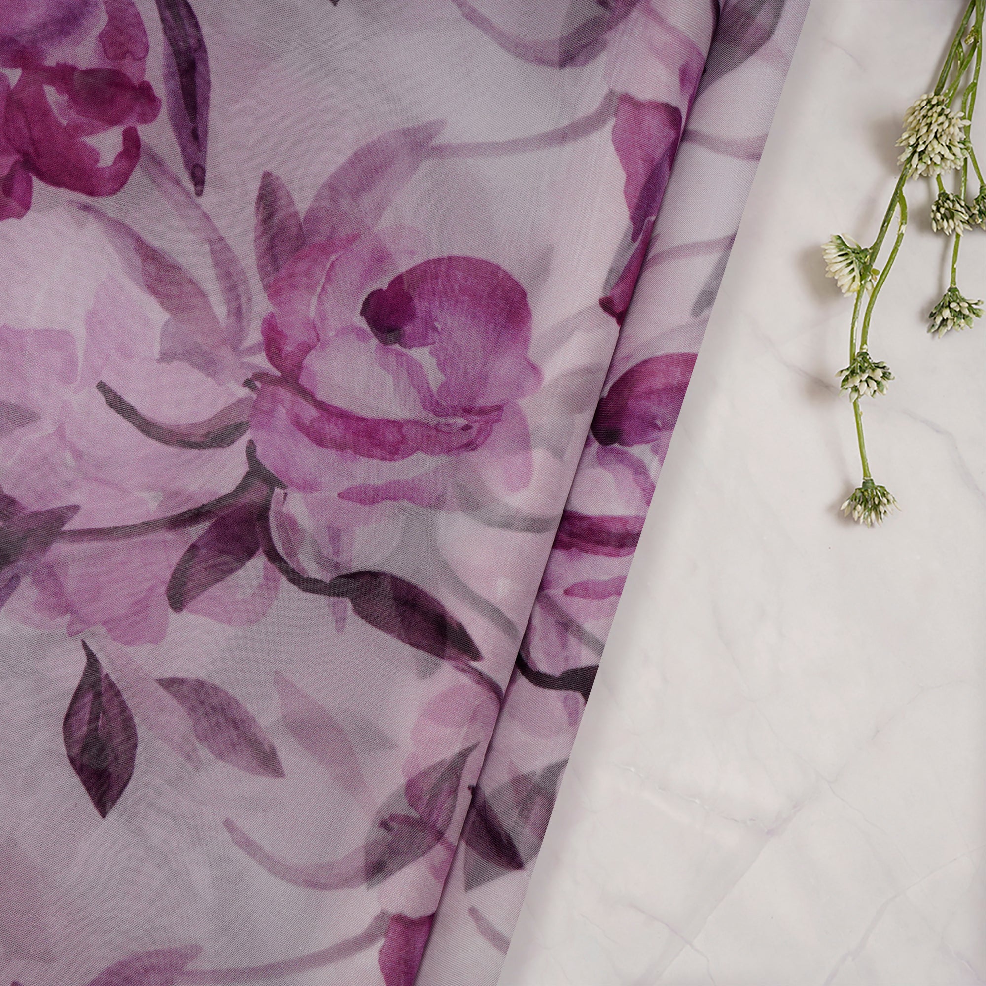 Pink & Lilac Floral Pattern Digital Printed Organza Fabric (Width
