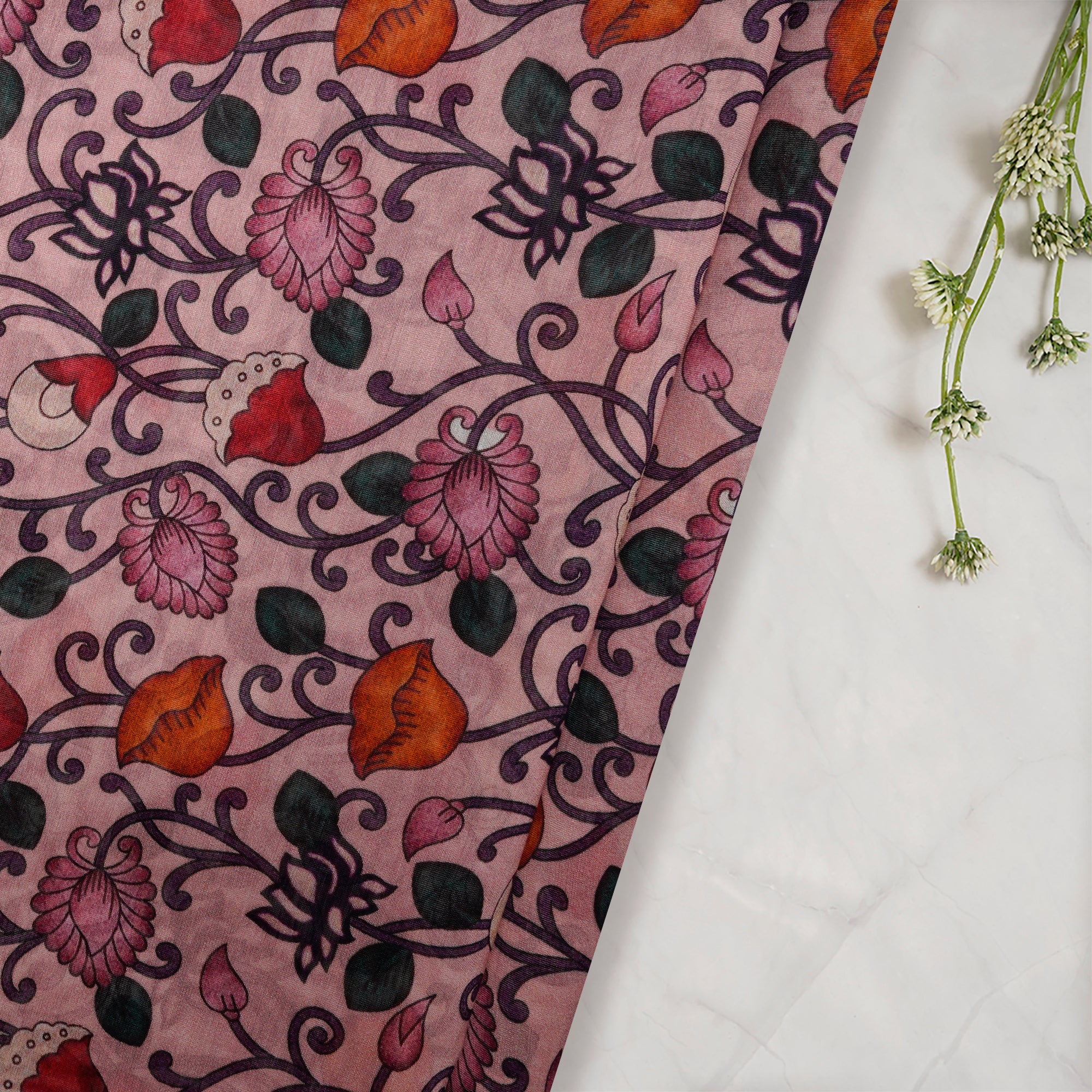 Blush Pink Kalamkari Pattern Digital Printed Pure Chanderi Fabric