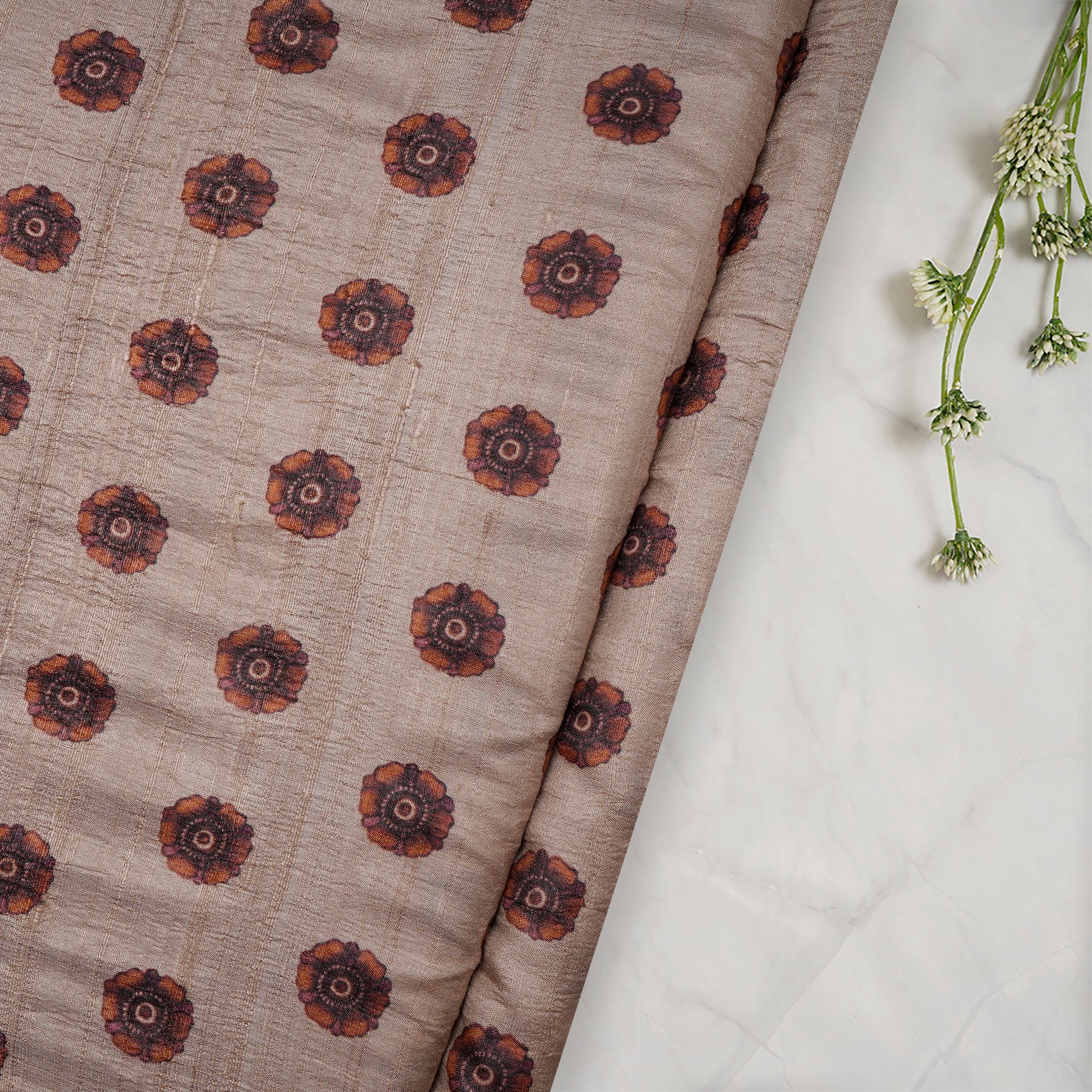 Brown Floral Pattern Digital Printed Tussar Silk Fabric