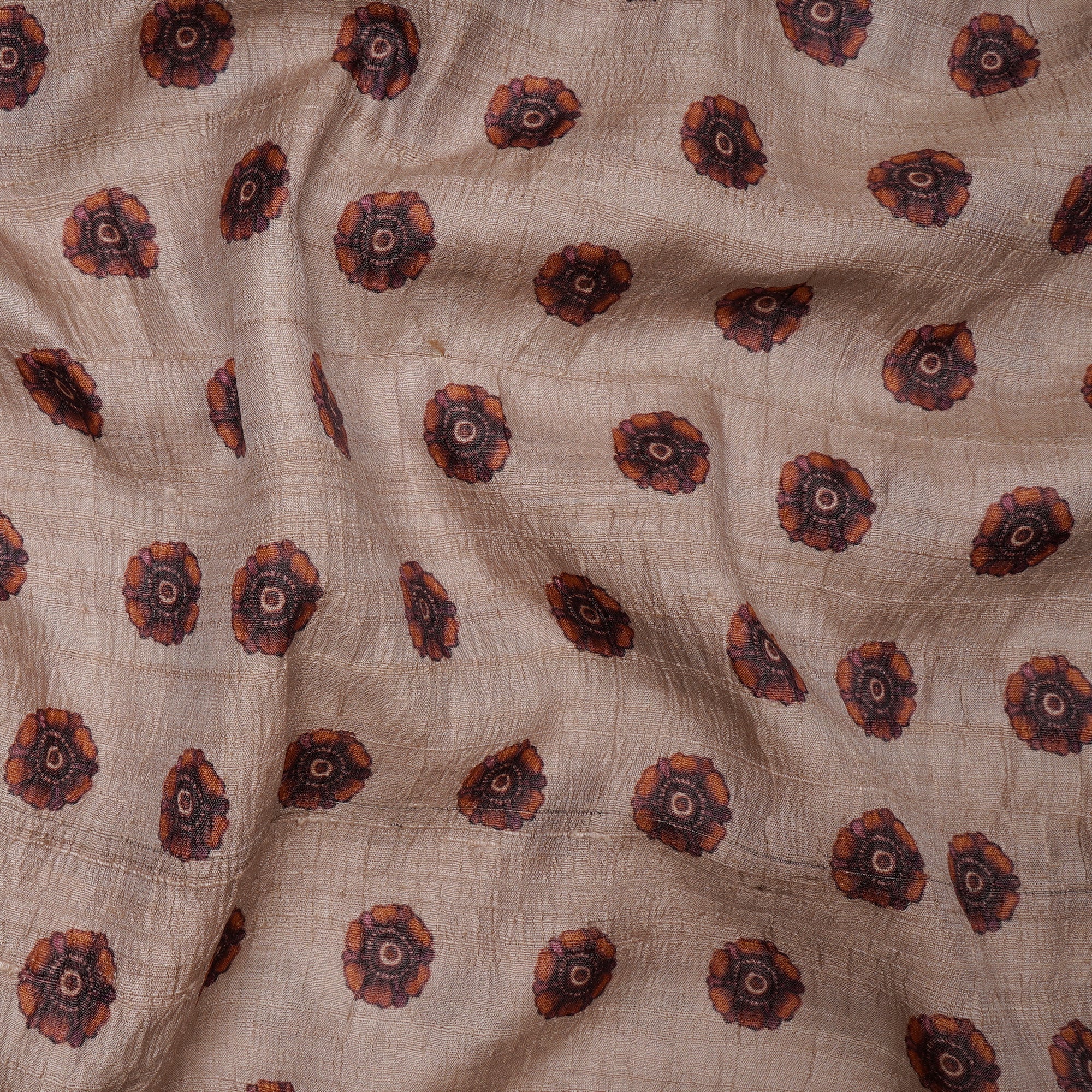 Brown Floral Pattern Digital Printed Tussar Silk Fabric