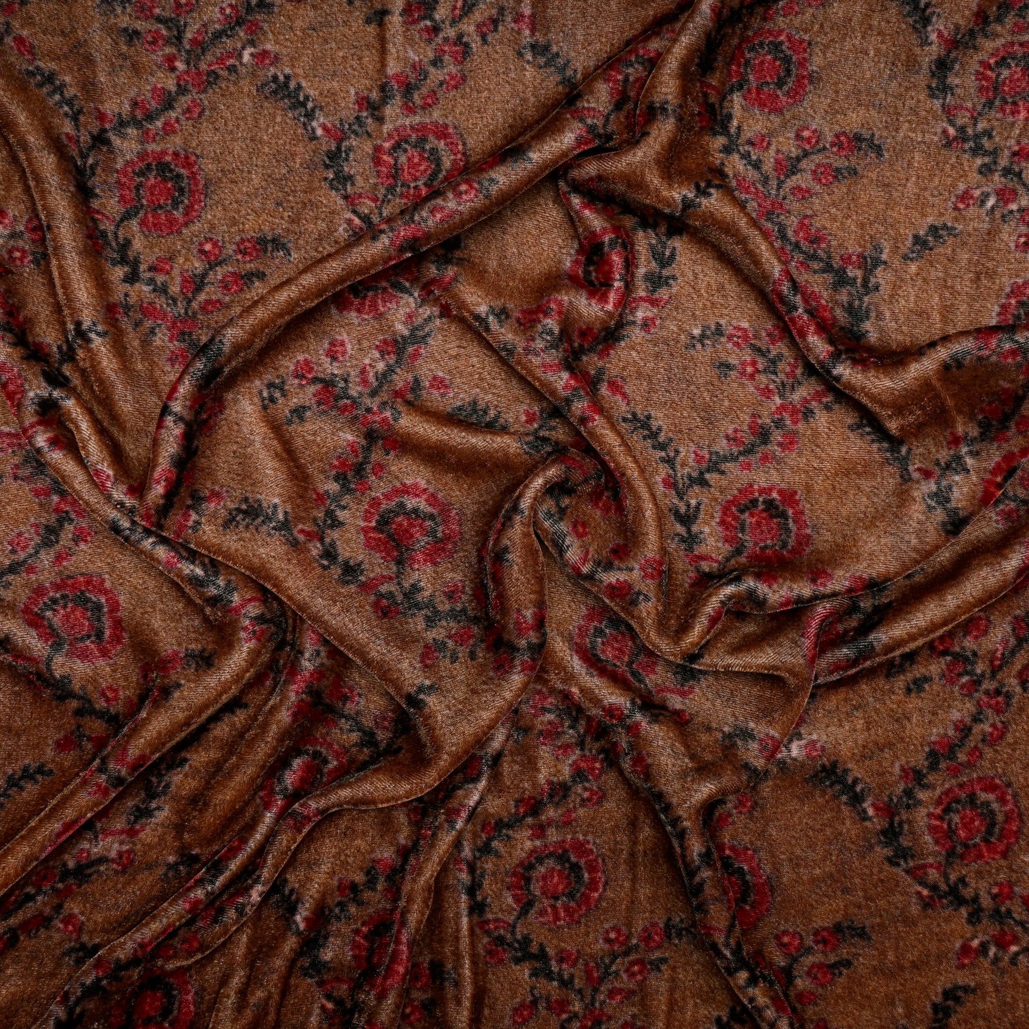 Brown-Red All Over Pattern Digital Printed Silk Velvet Fabric