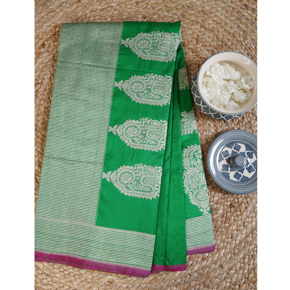 Green Color Handwoven Banarasi Katan Silk Saree with Blouse Piece