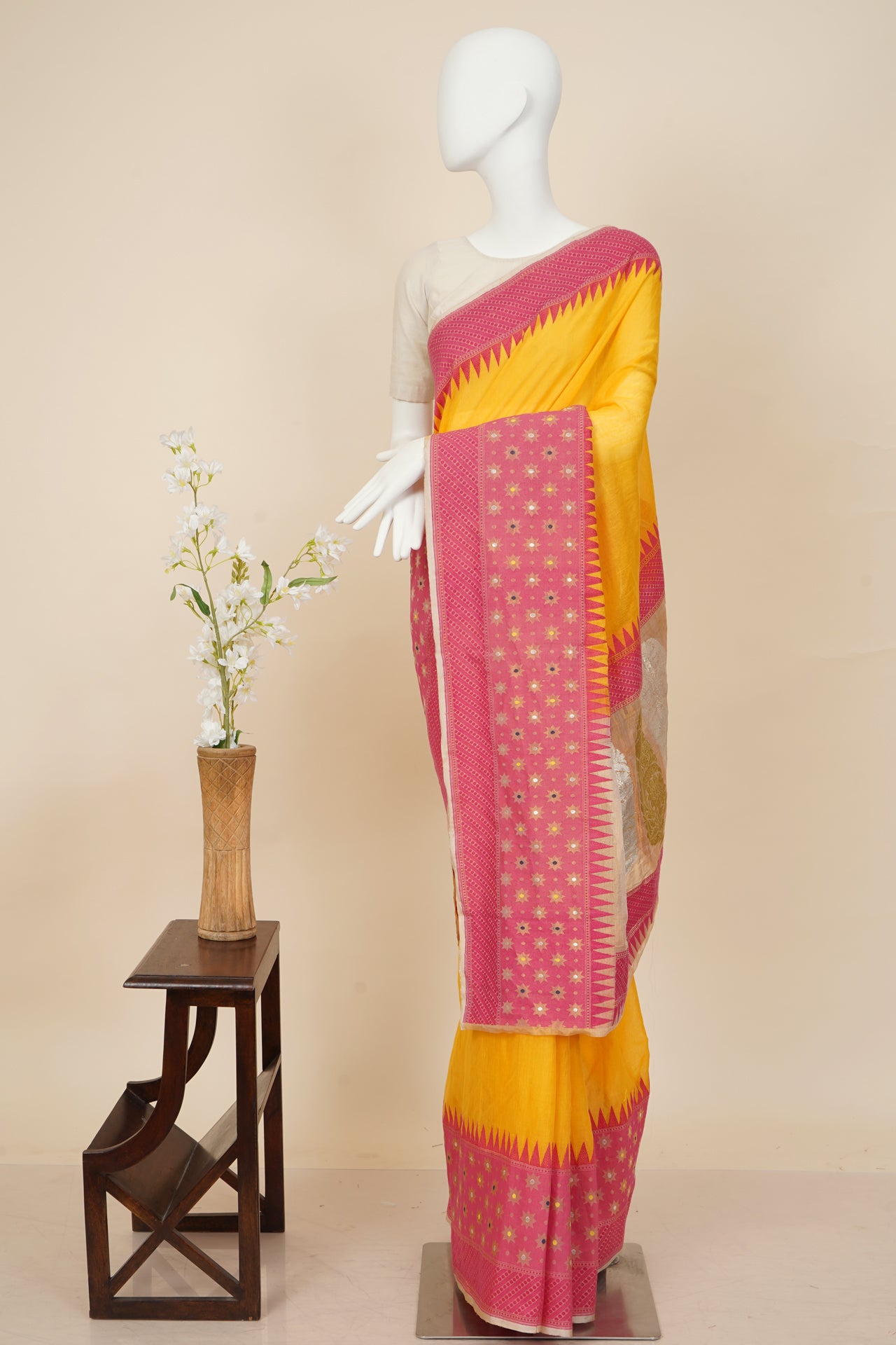 Yellow-Pink Color Handwoven Pure Silk Saree with Blouse Piece