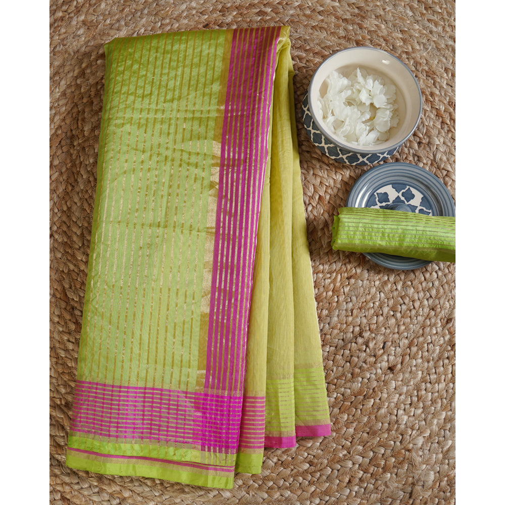 Parrot Green Color Handwoven Chanderi Saree With Blouse Piece
