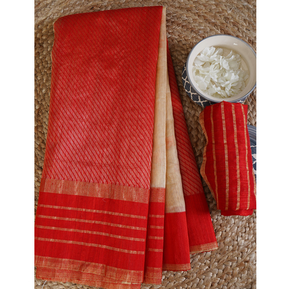 Red-Beige Color Handwoven Zari Bordered Silk Saree with Blouse Piece