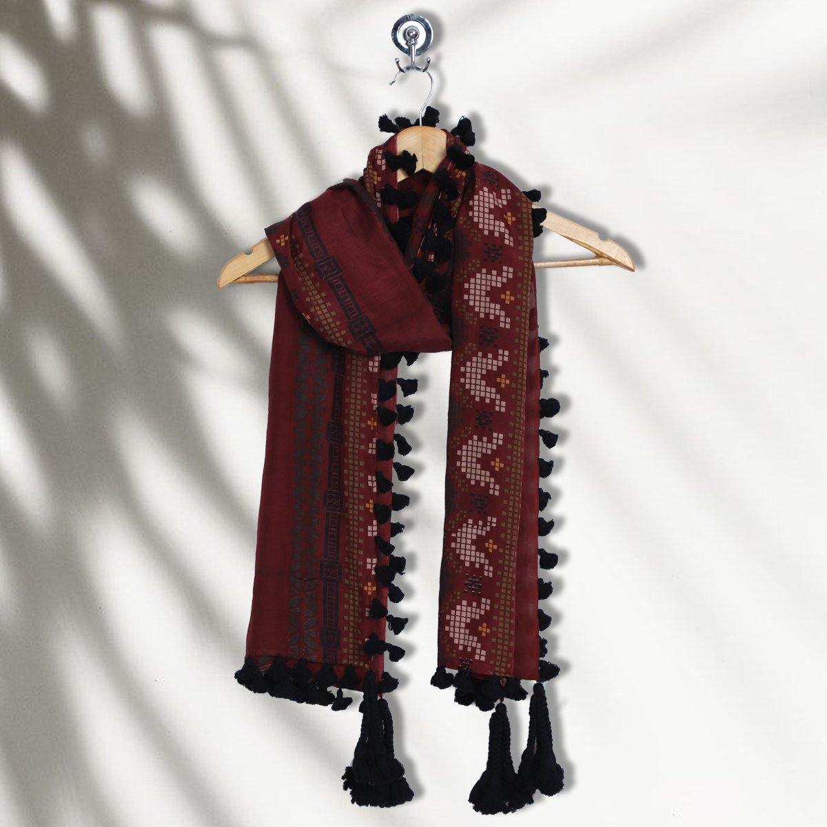 Maroon Color Printed Silk Stole with Tassels