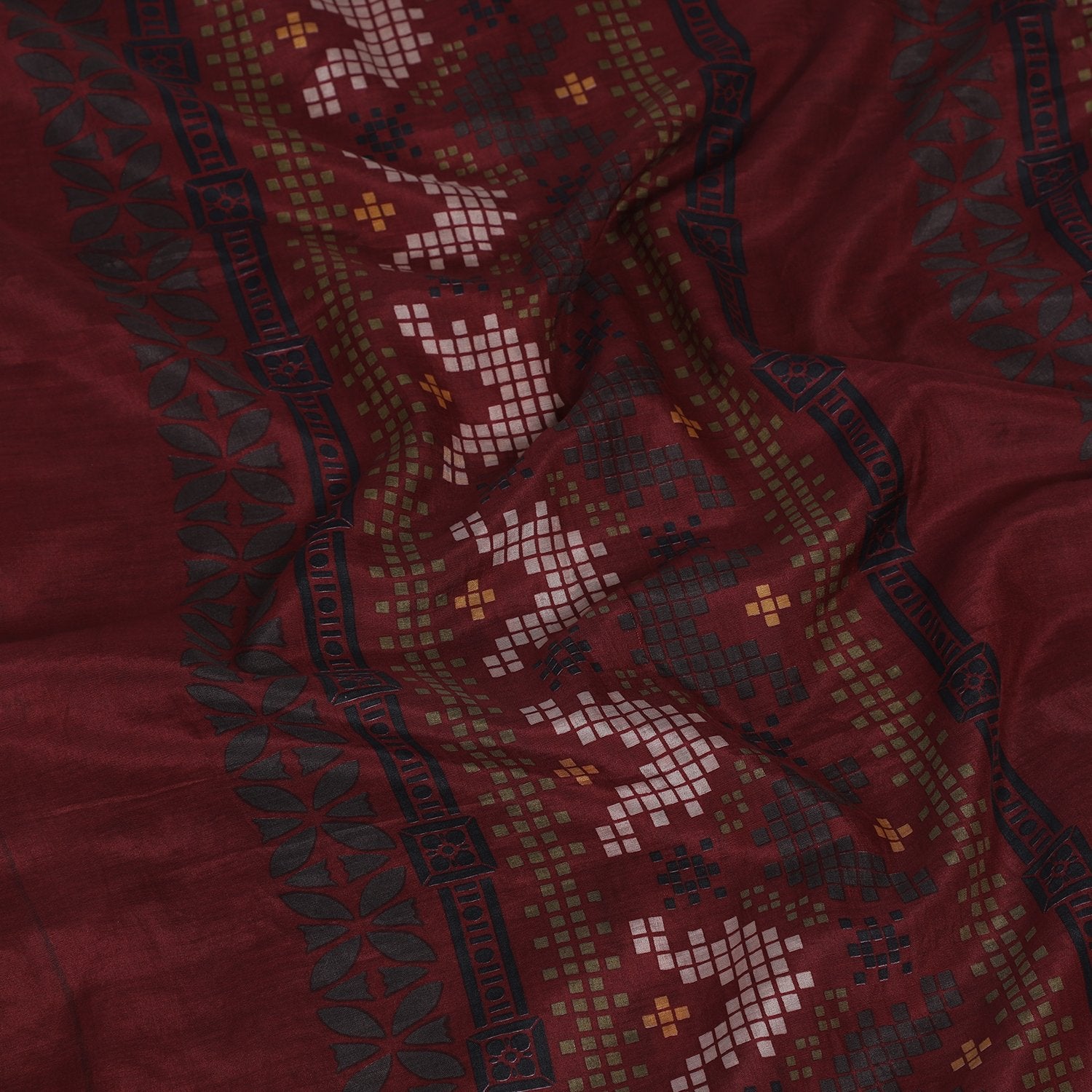 Maroon Color Printed Silk Stole with Tassels